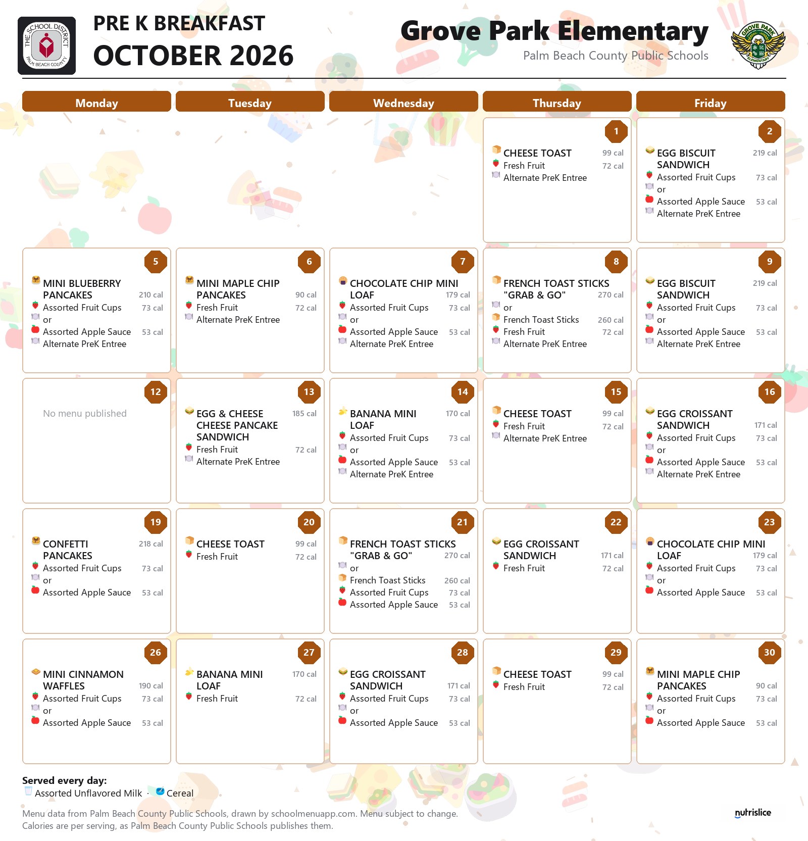 Grove Park Elementary pre k breakfast menu for October 2026, Palm Beach County Public Schools