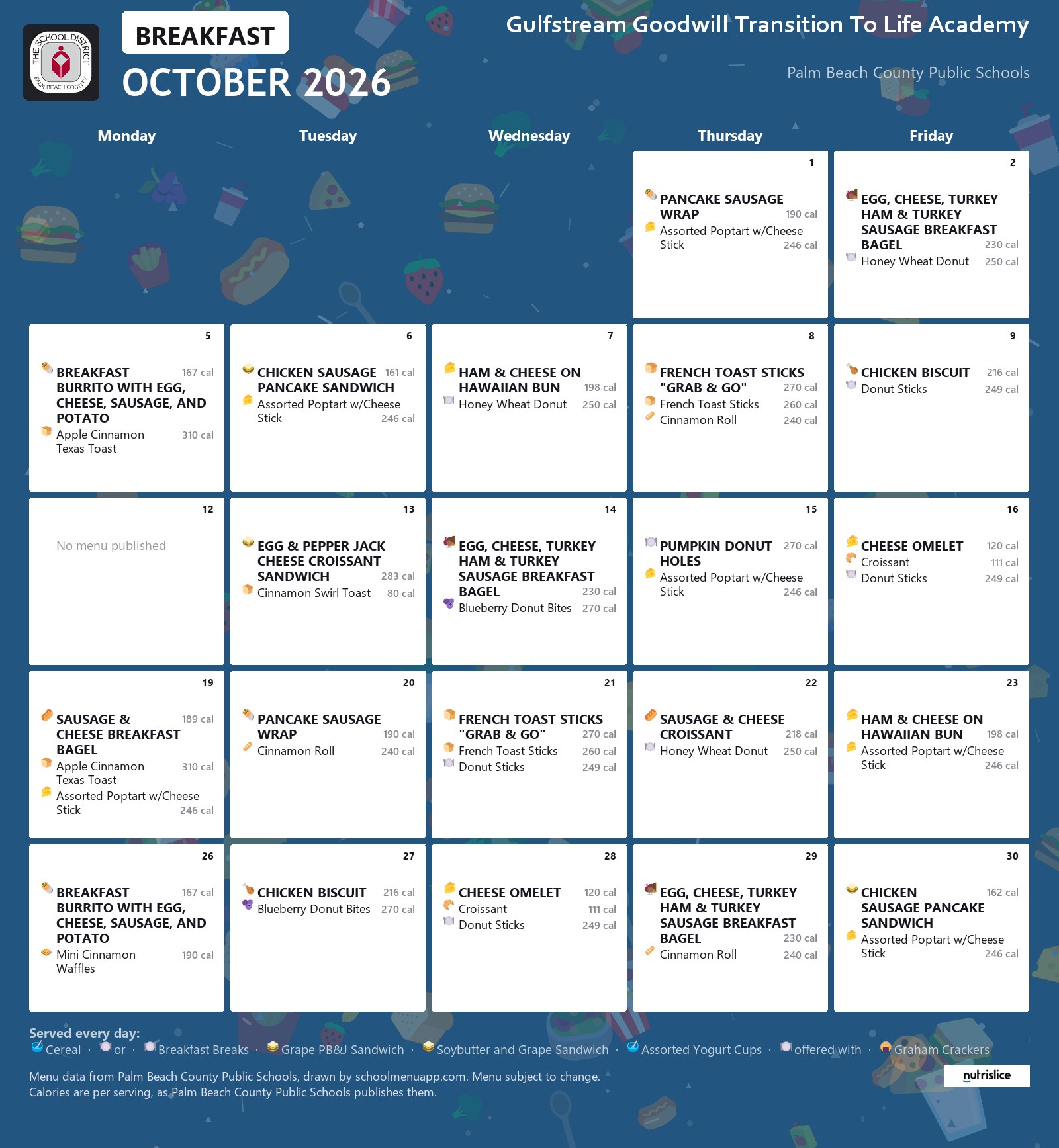 Gulfstream Goodwill Transition To Life Academy breakfast menu for October 2026, Palm Beach County Public Schools