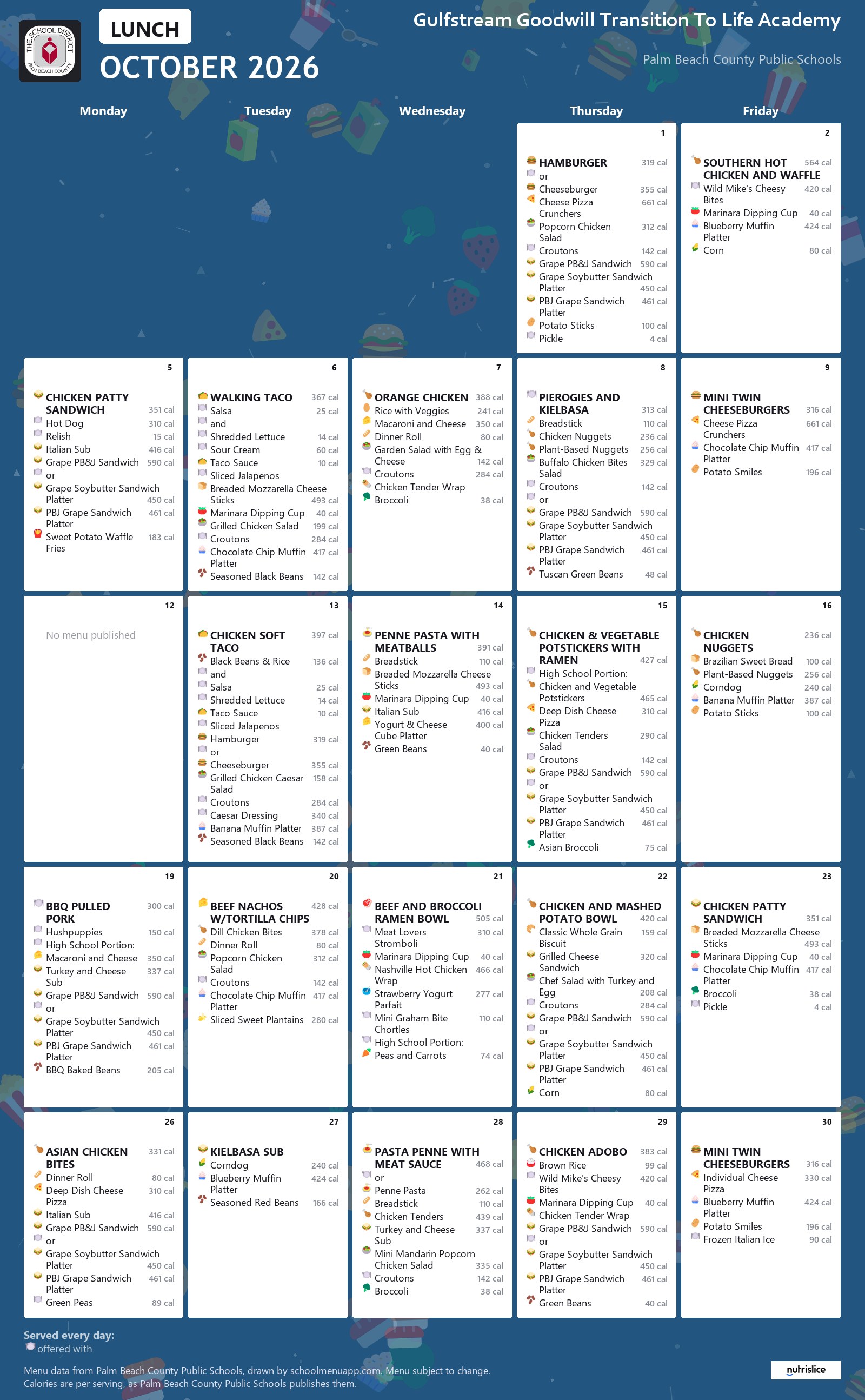Gulfstream Goodwill Transition To Life Academy lunch menu for October 2026, Palm Beach County Public Schools