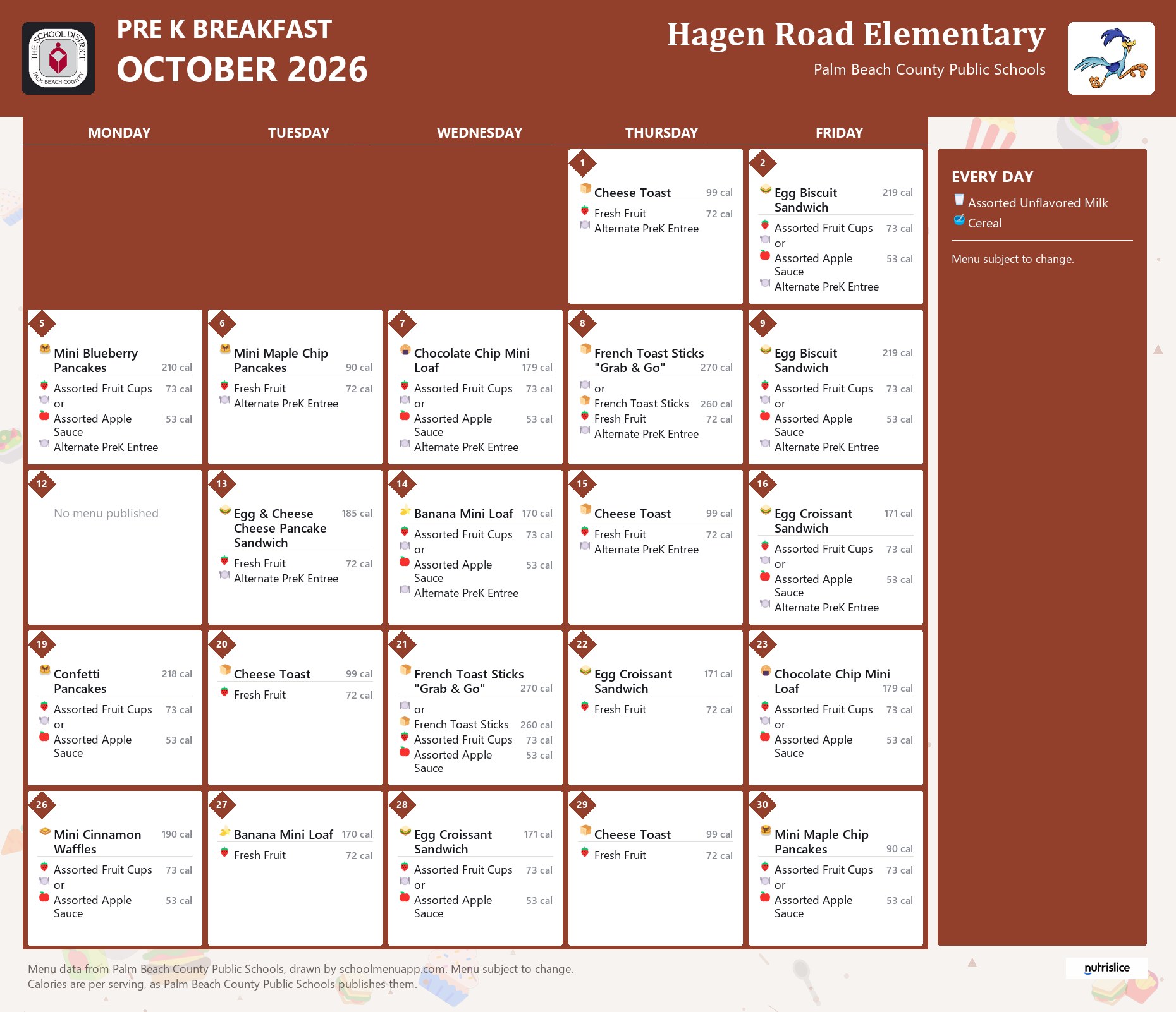 Hagen Road Elementary pre k breakfast menu for October 2026, Palm Beach County Public Schools