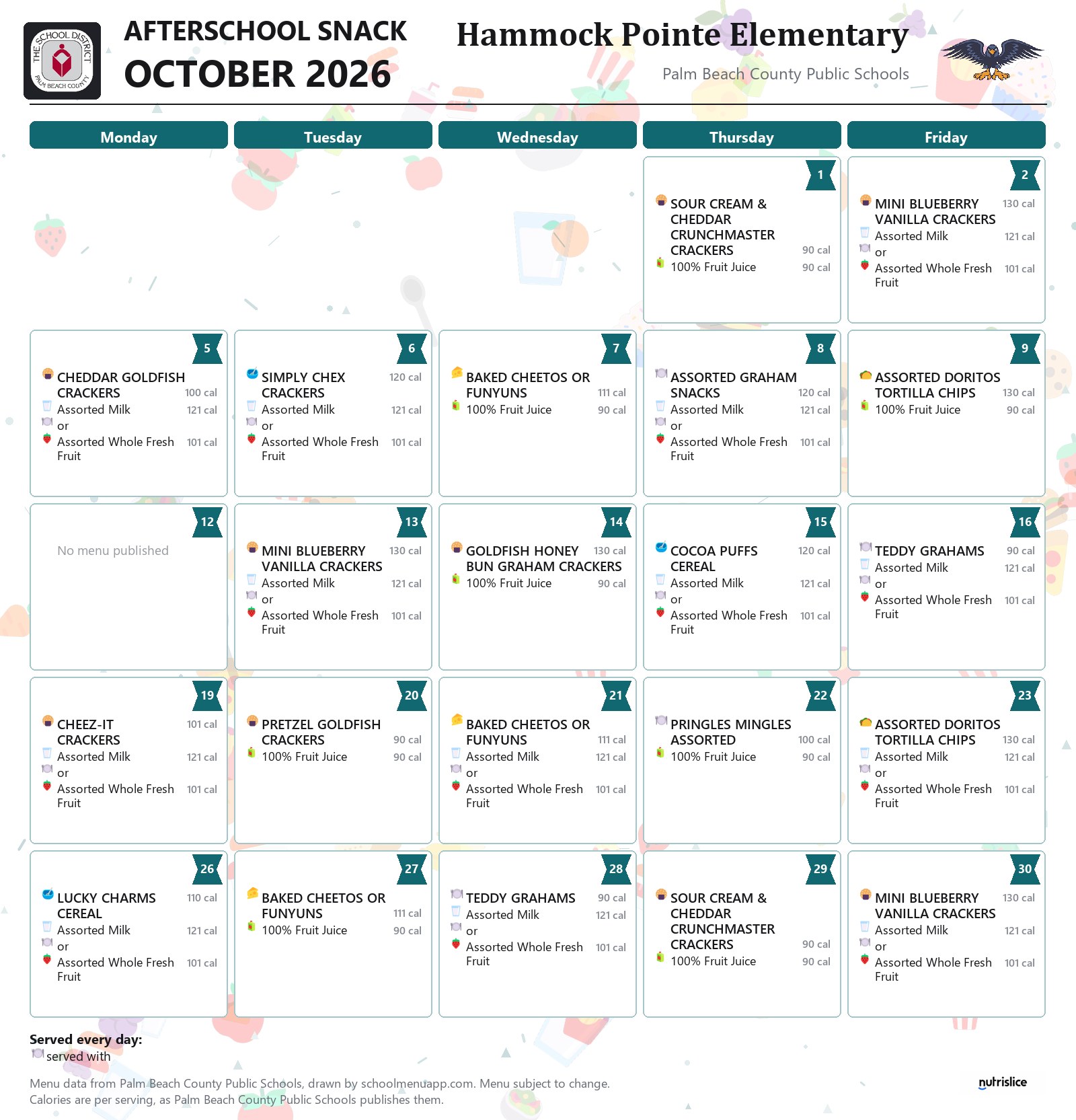 Hammock Pointe Elementary afterschool snack menu for October 2026, Palm Beach County Public Schools