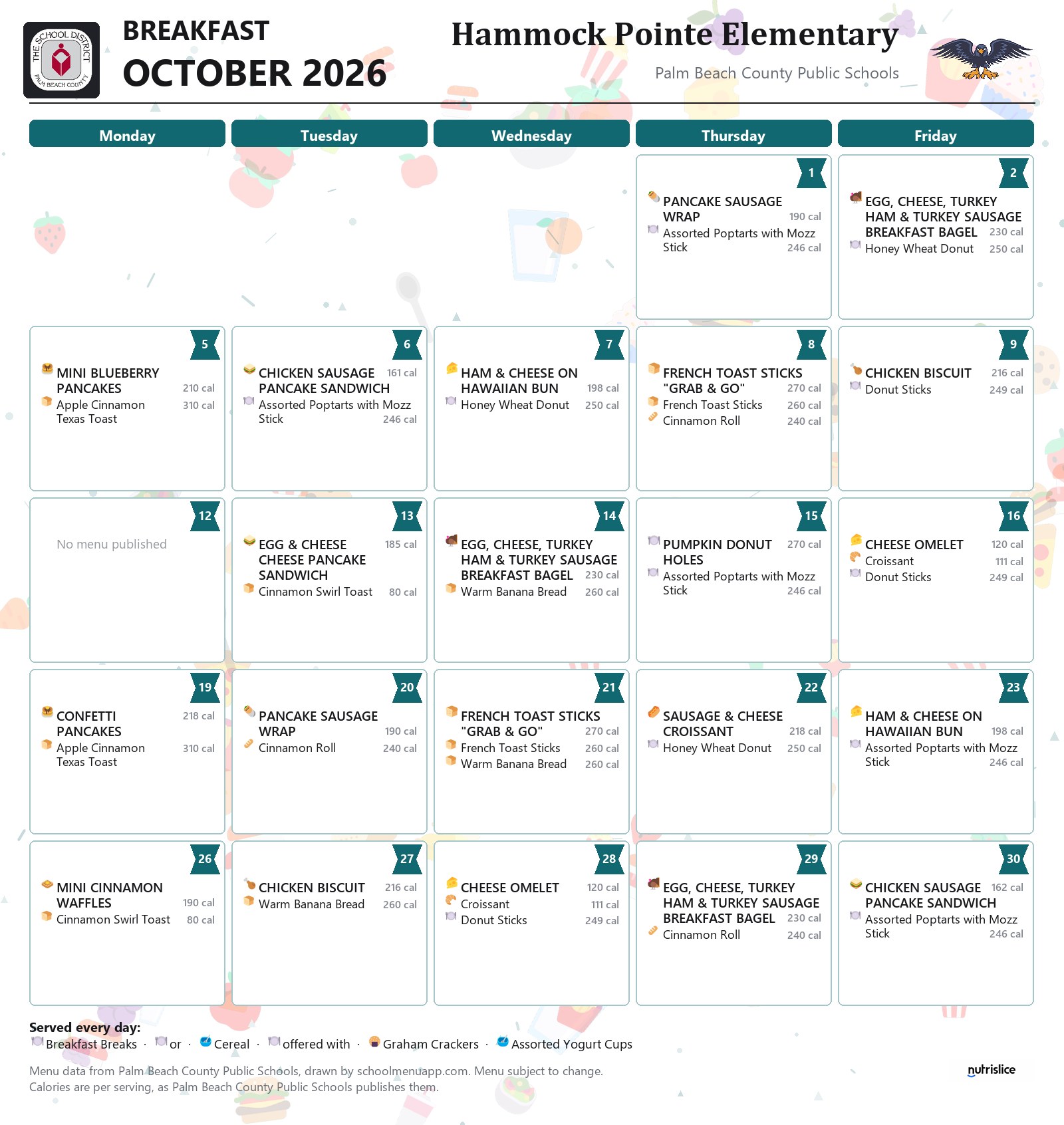 Hammock Pointe Elementary breakfast menu for October 2026, Palm Beach County Public Schools