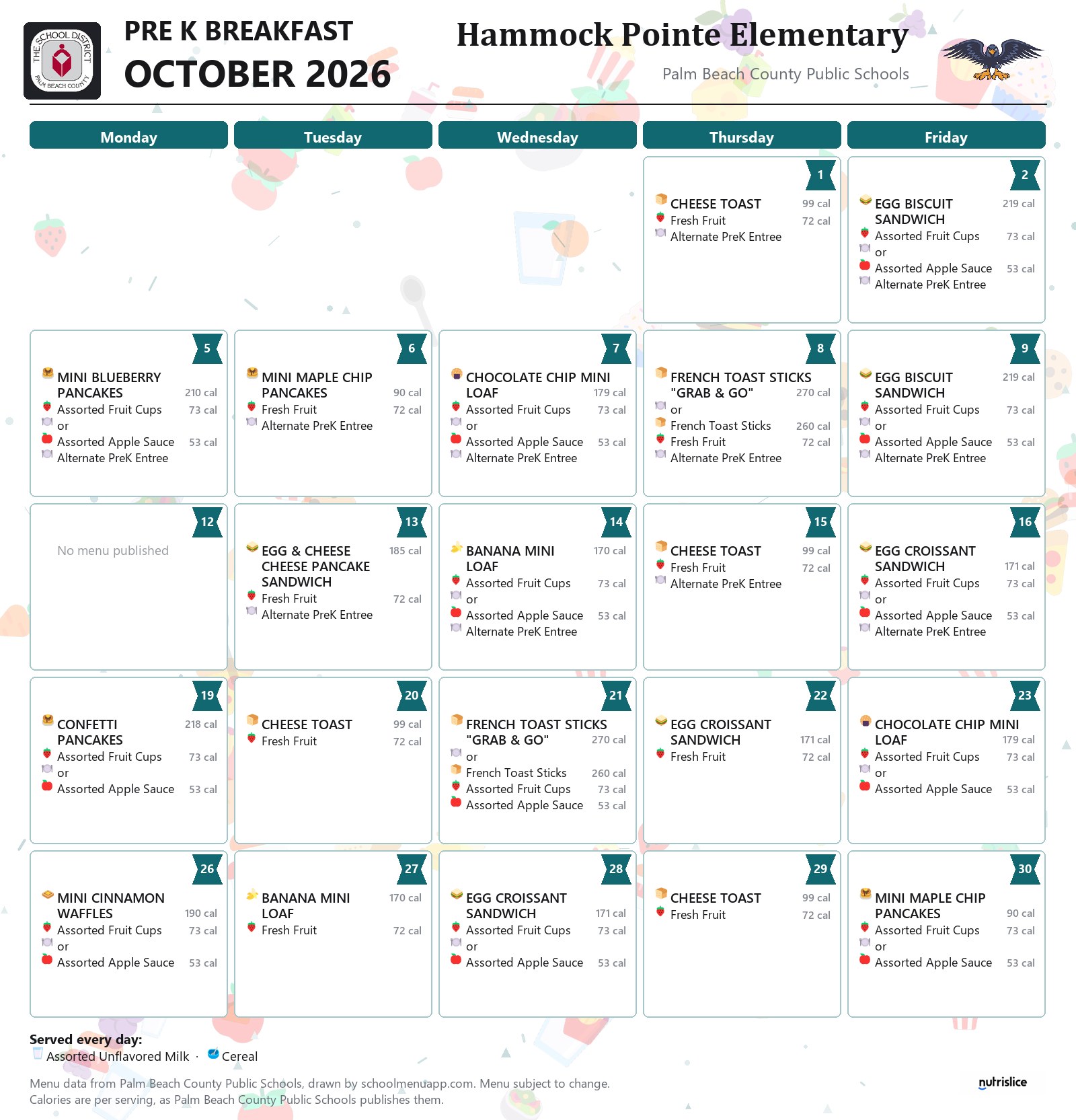 Hammock Pointe Elementary pre k breakfast menu for October 2026, Palm Beach County Public Schools