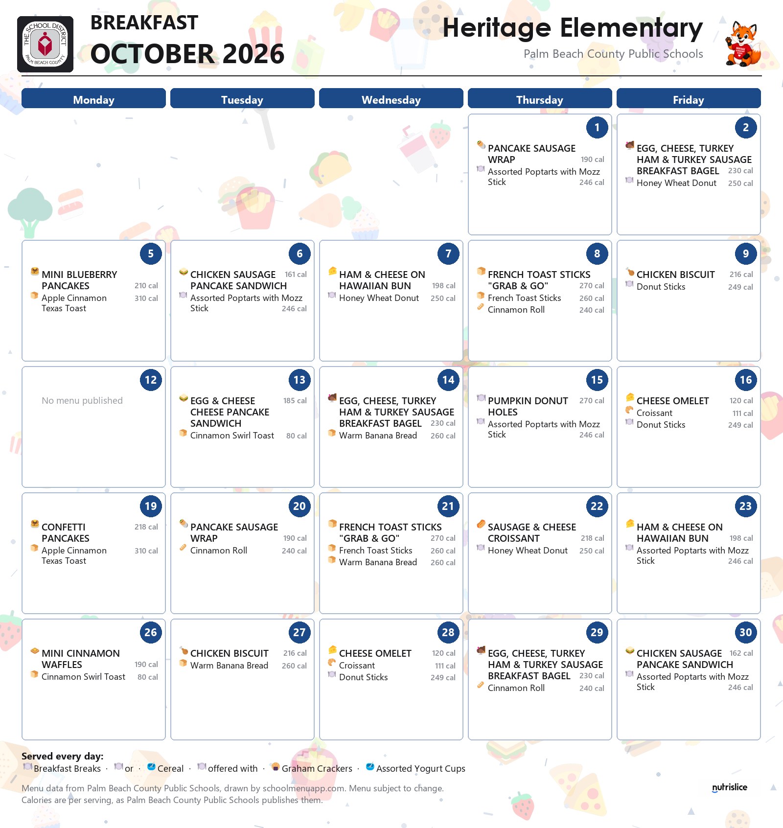 Heritage Elementary breakfast menu for October 2026, Palm Beach County Public Schools