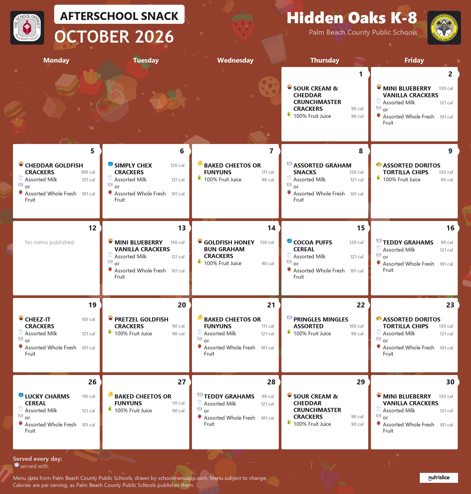 Hidden Oaks K-8 afterschool snack menu for October 2026, Palm Beach County Public Schools