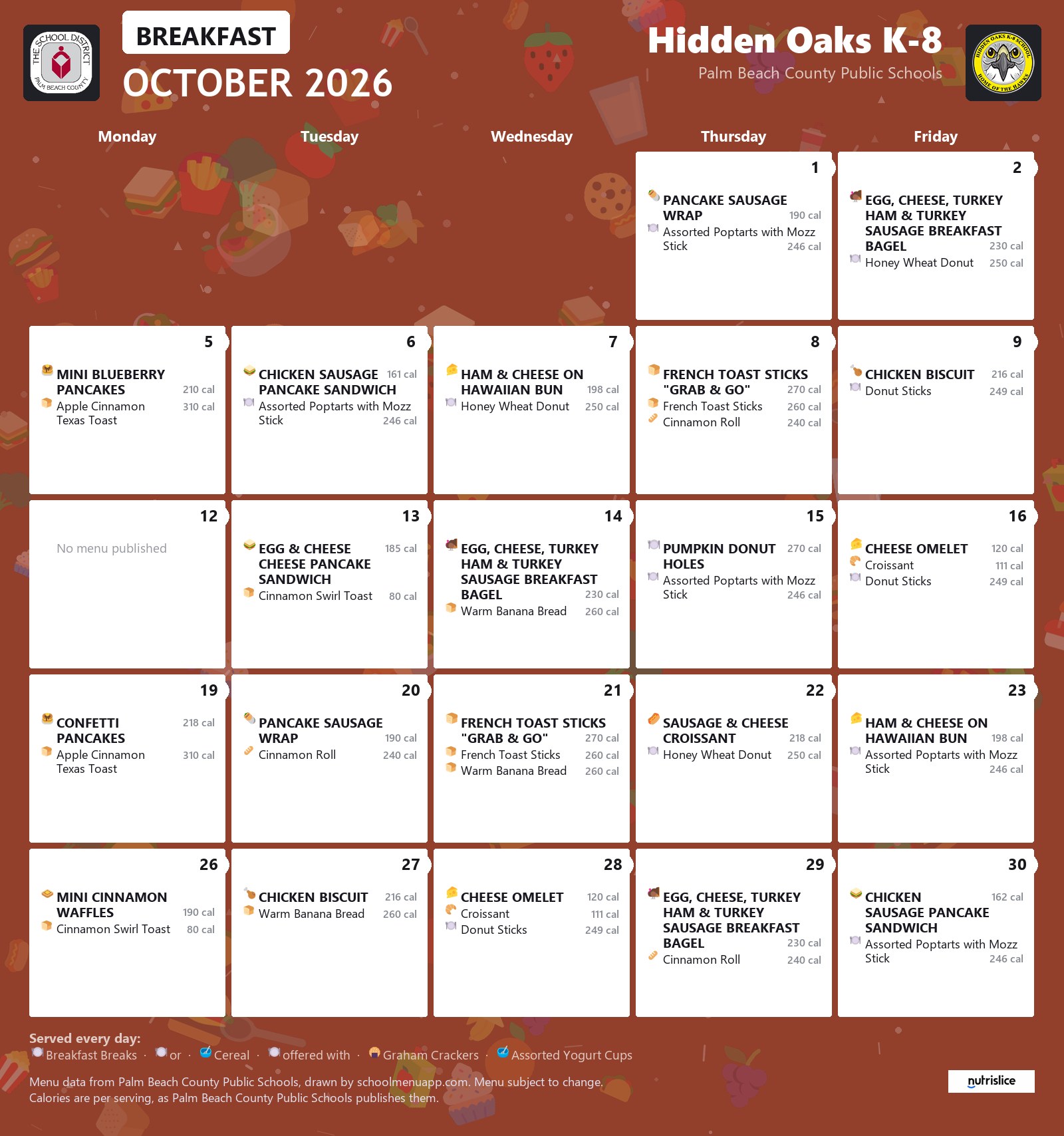 Hidden Oaks K-8 breakfast menu for October 2026, Palm Beach County Public Schools