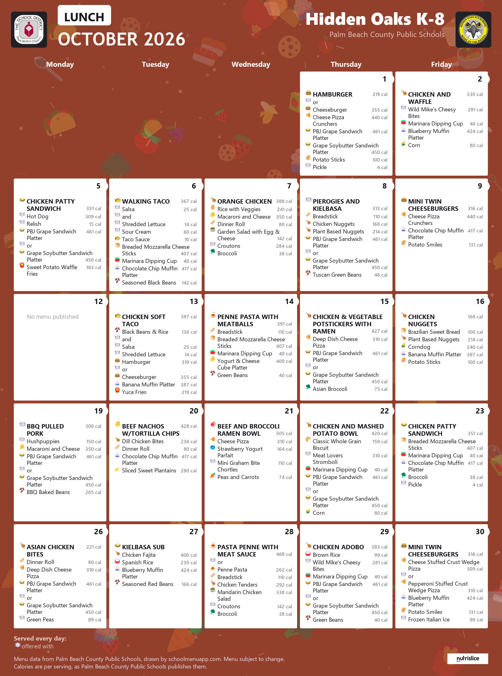 Hidden Oaks K-8 lunch menu for October 2026, Palm Beach County Public Schools