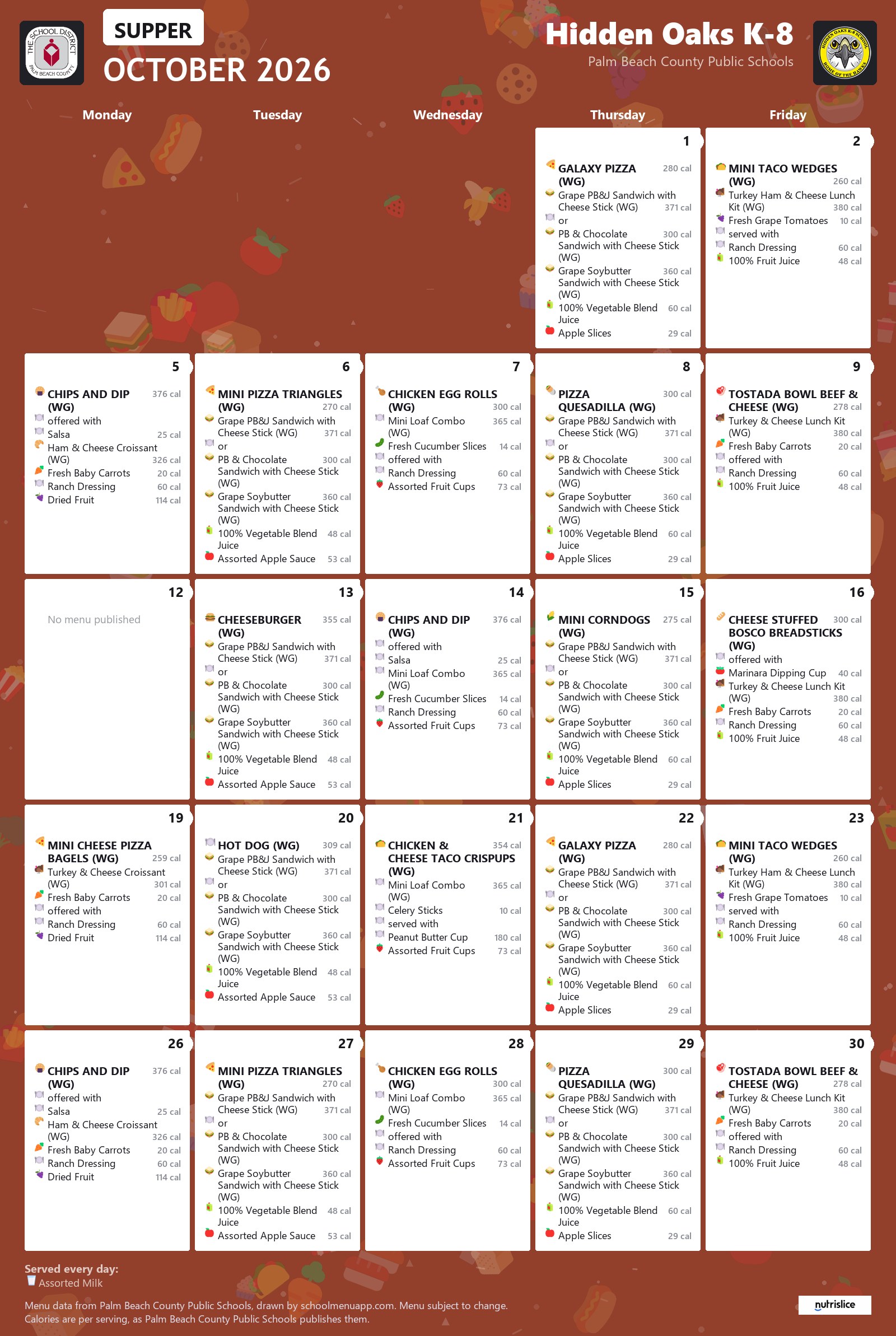 Hidden Oaks K-8 supper menu for October 2026, Palm Beach County Public Schools