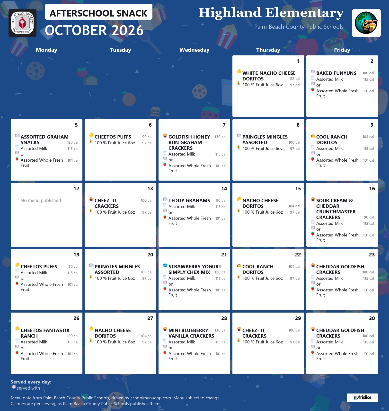 Highland Elementary afterschool snack menu for October 2026, Palm Beach County Public Schools