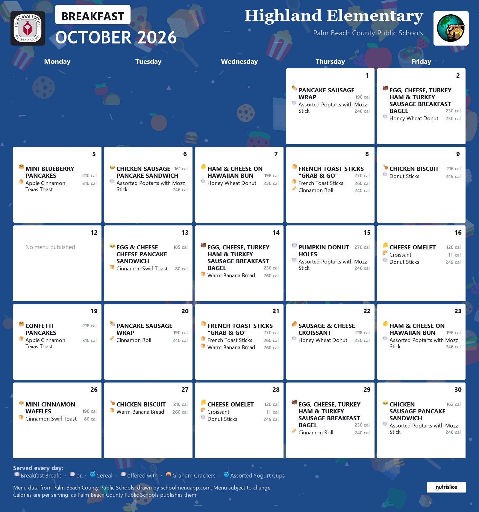 Highland Elementary breakfast menu for October 2026, Palm Beach County Public Schools