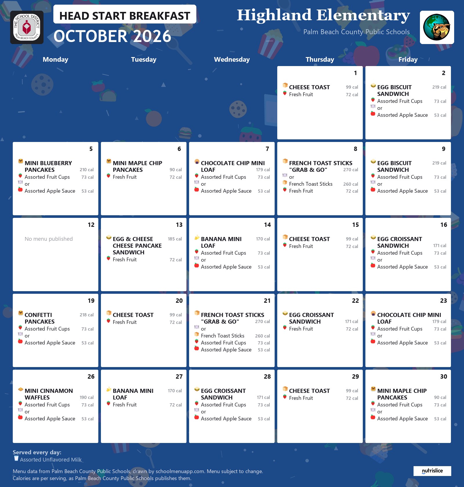 Highland Elementary head start breakfast menu for October 2026, Palm Beach County Public Schools