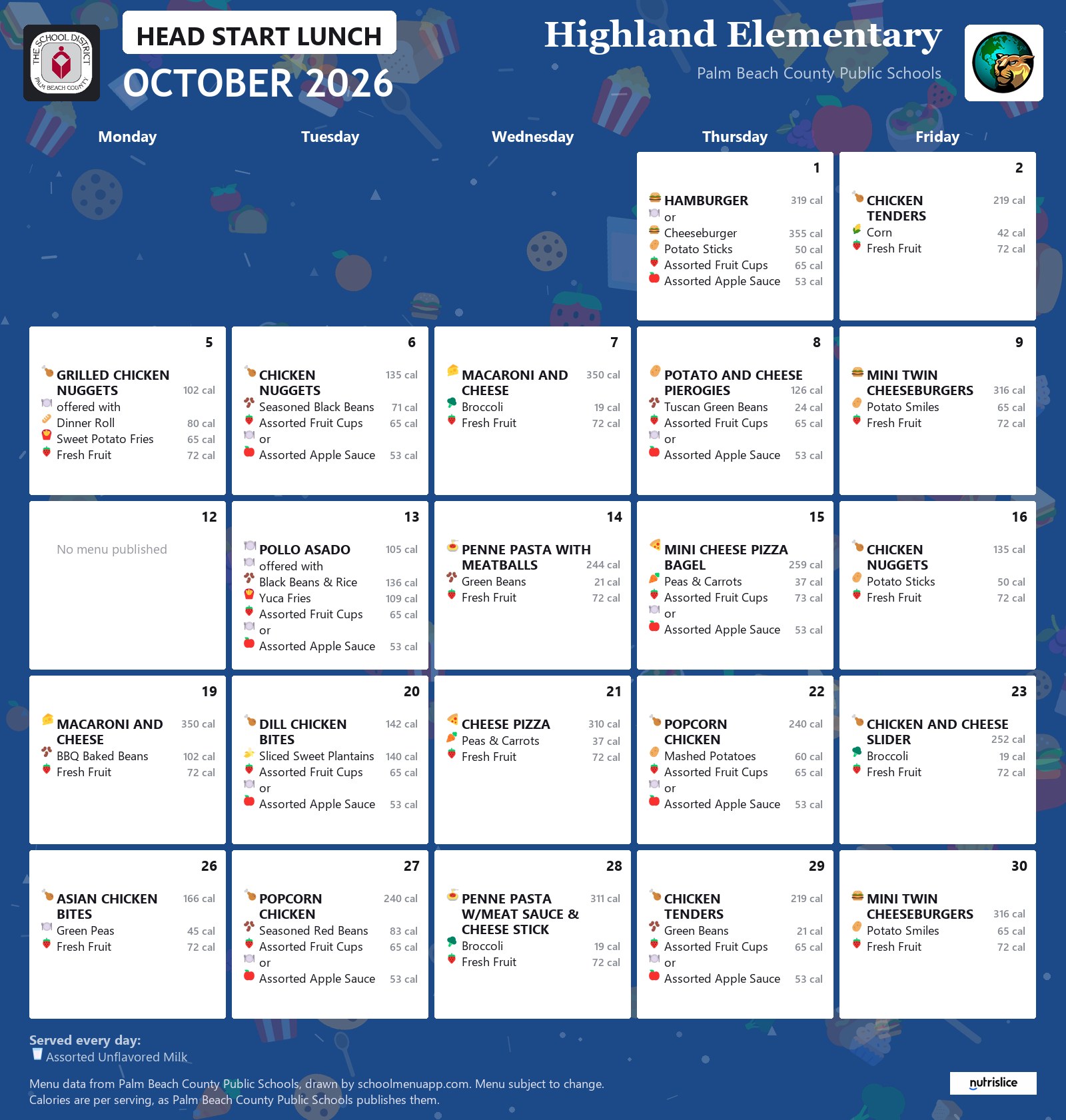 Highland Elementary head start lunch menu for October 2026, Palm Beach County Public Schools