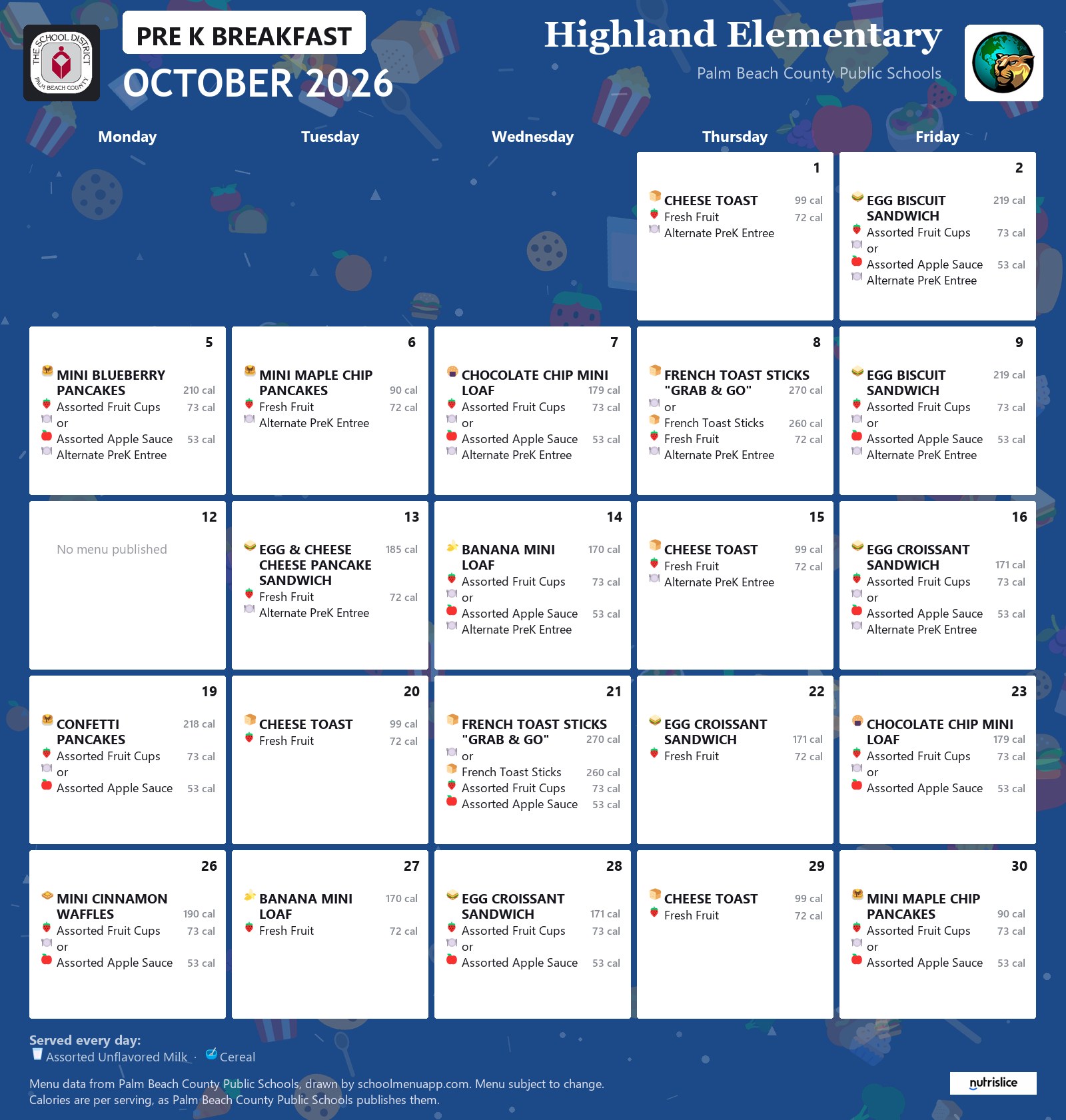 Highland Elementary pre k breakfast menu for October 2026, Palm Beach County Public Schools