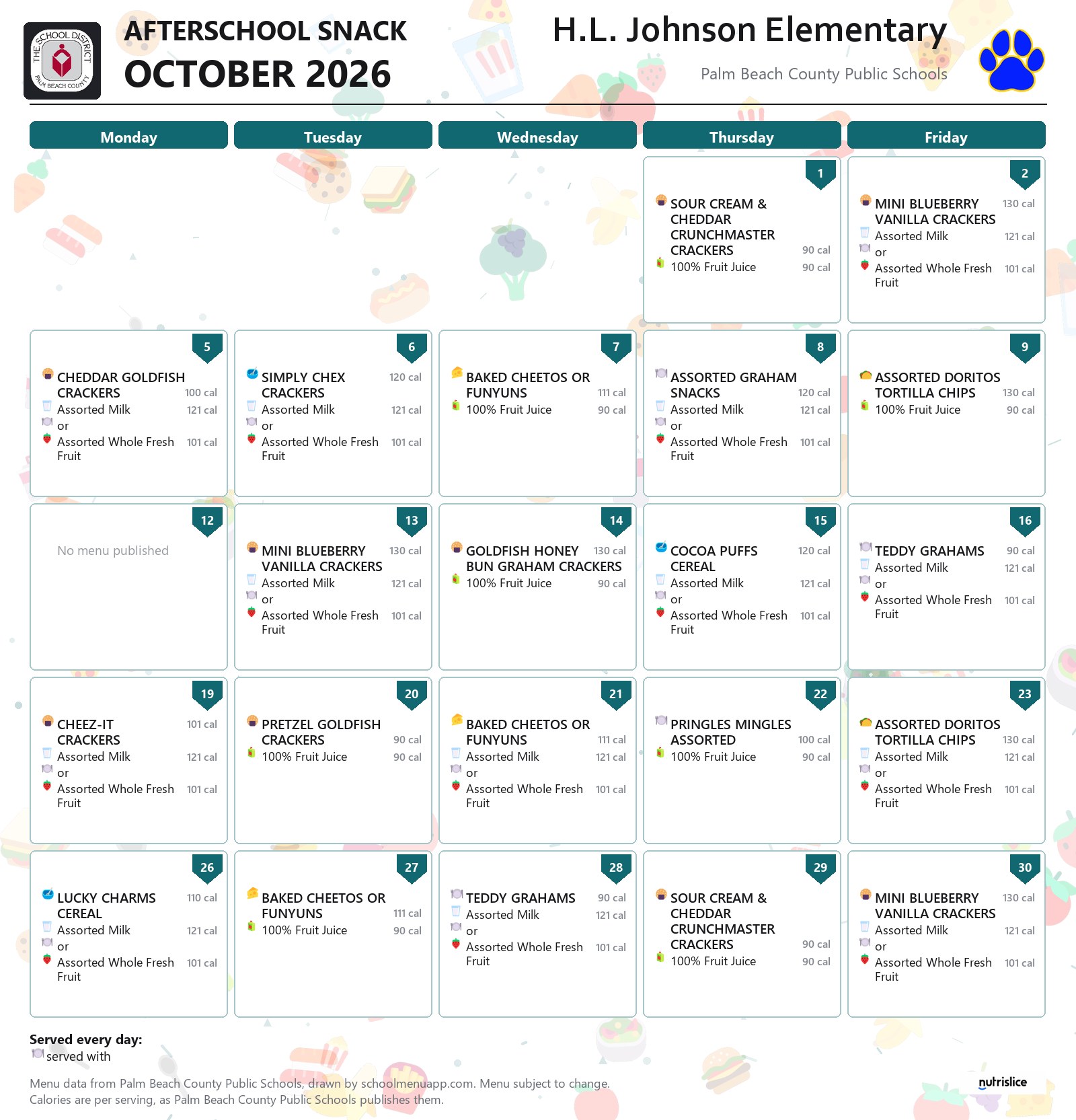 H.L. Johnson Elementary afterschool snack menu for October 2026, Palm Beach County Public Schools