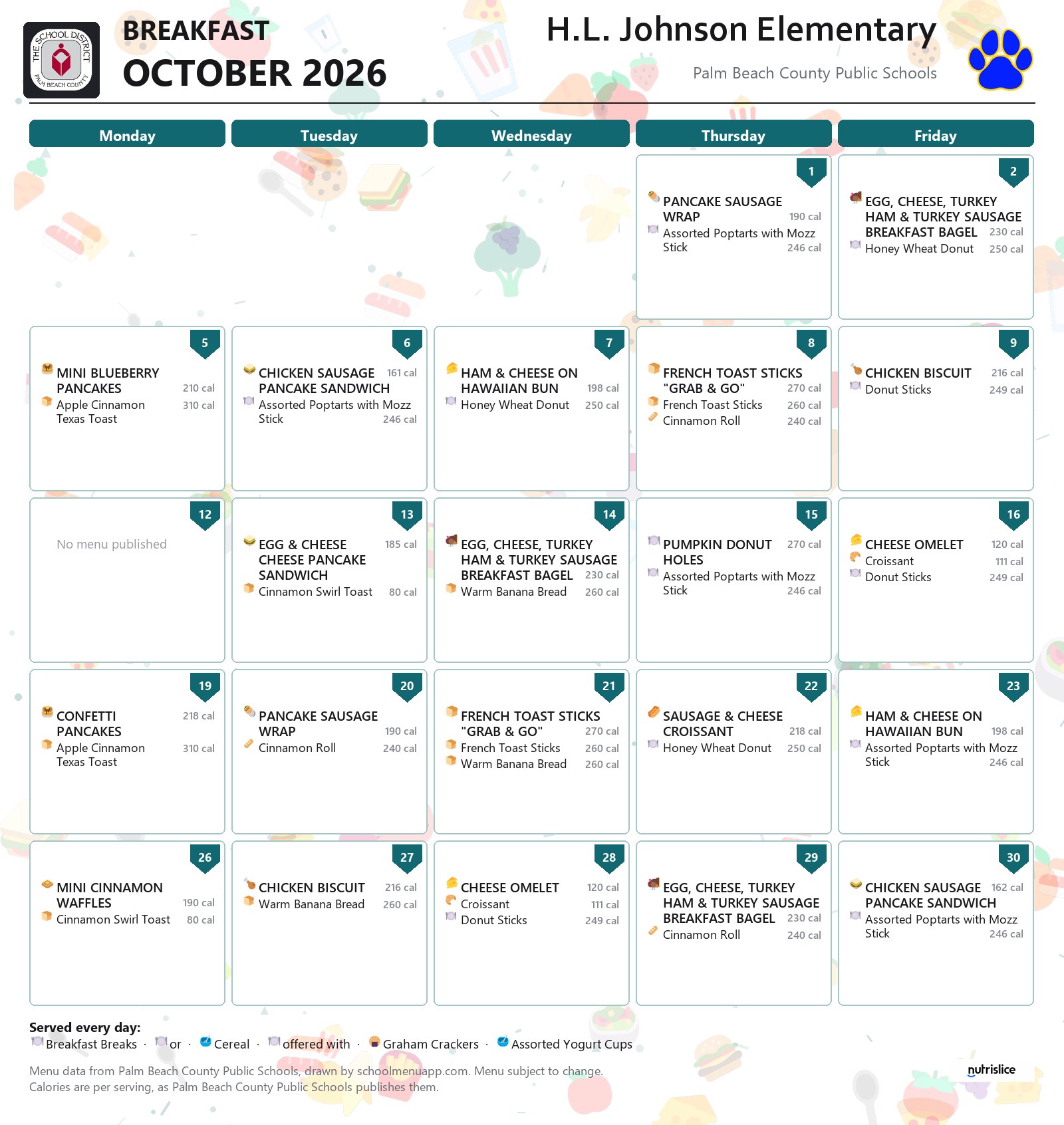 H.L. Johnson Elementary breakfast menu for October 2026, Palm Beach County Public Schools