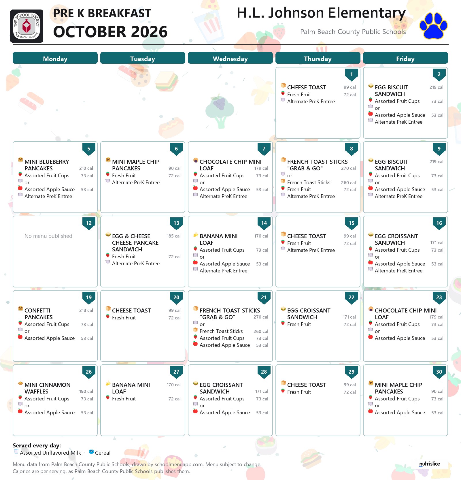 H.L. Johnson Elementary pre k breakfast menu for October 2026, Palm Beach County Public Schools