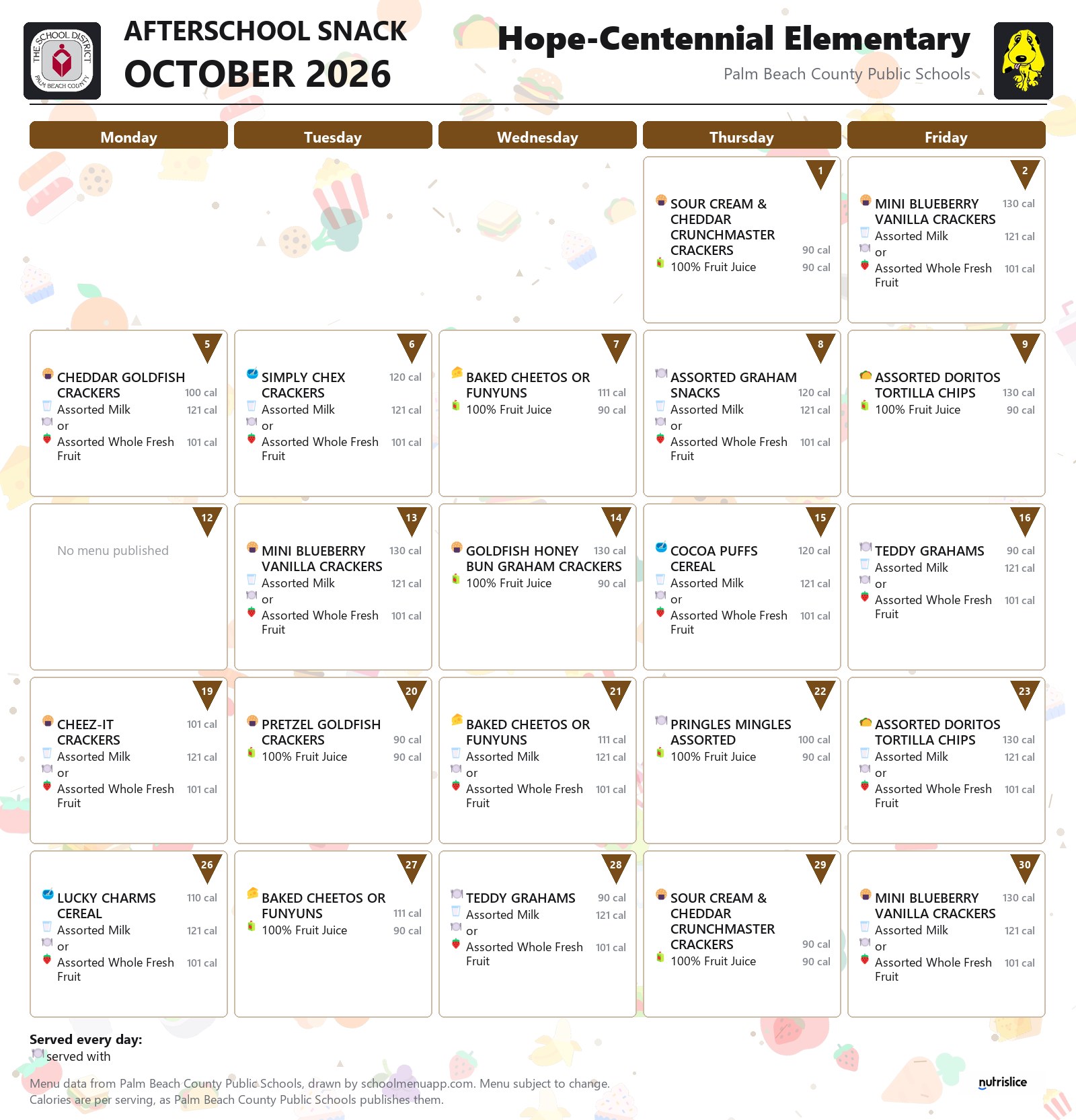 Hope-Centennial Elementary afterschool snack menu for October 2026, Palm Beach County Public Schools