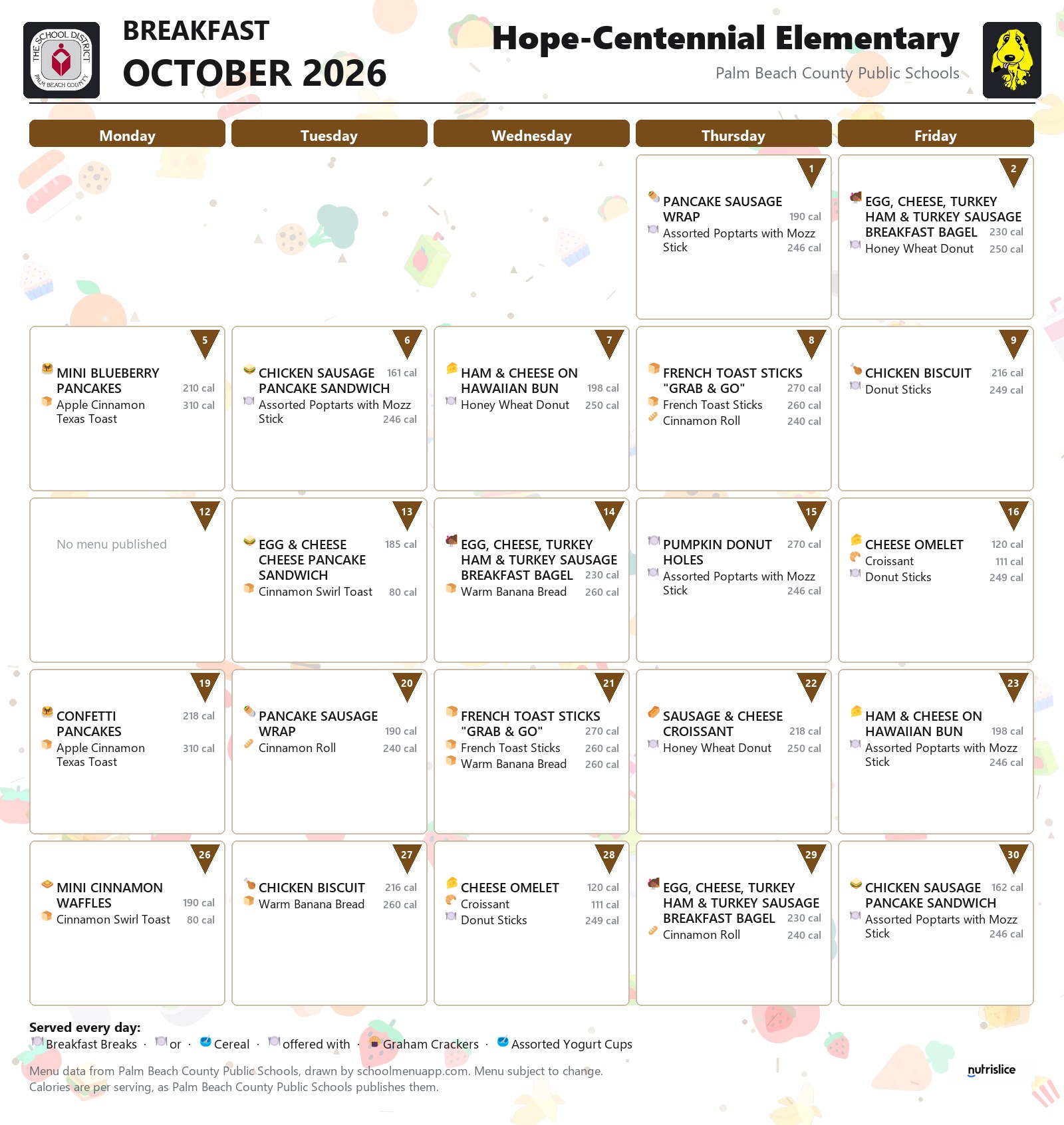 Hope-Centennial Elementary breakfast menu for October 2026, Palm Beach County Public Schools