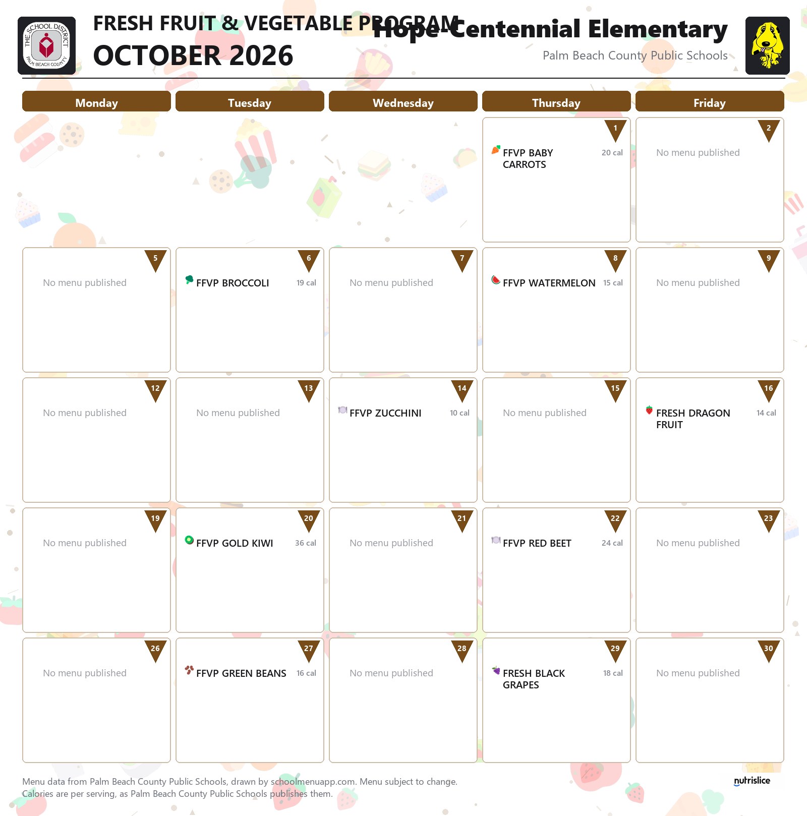 Hope-Centennial Elementary fresh fruit & vegetable program menu for October 2026, Palm Beach County Public Schools