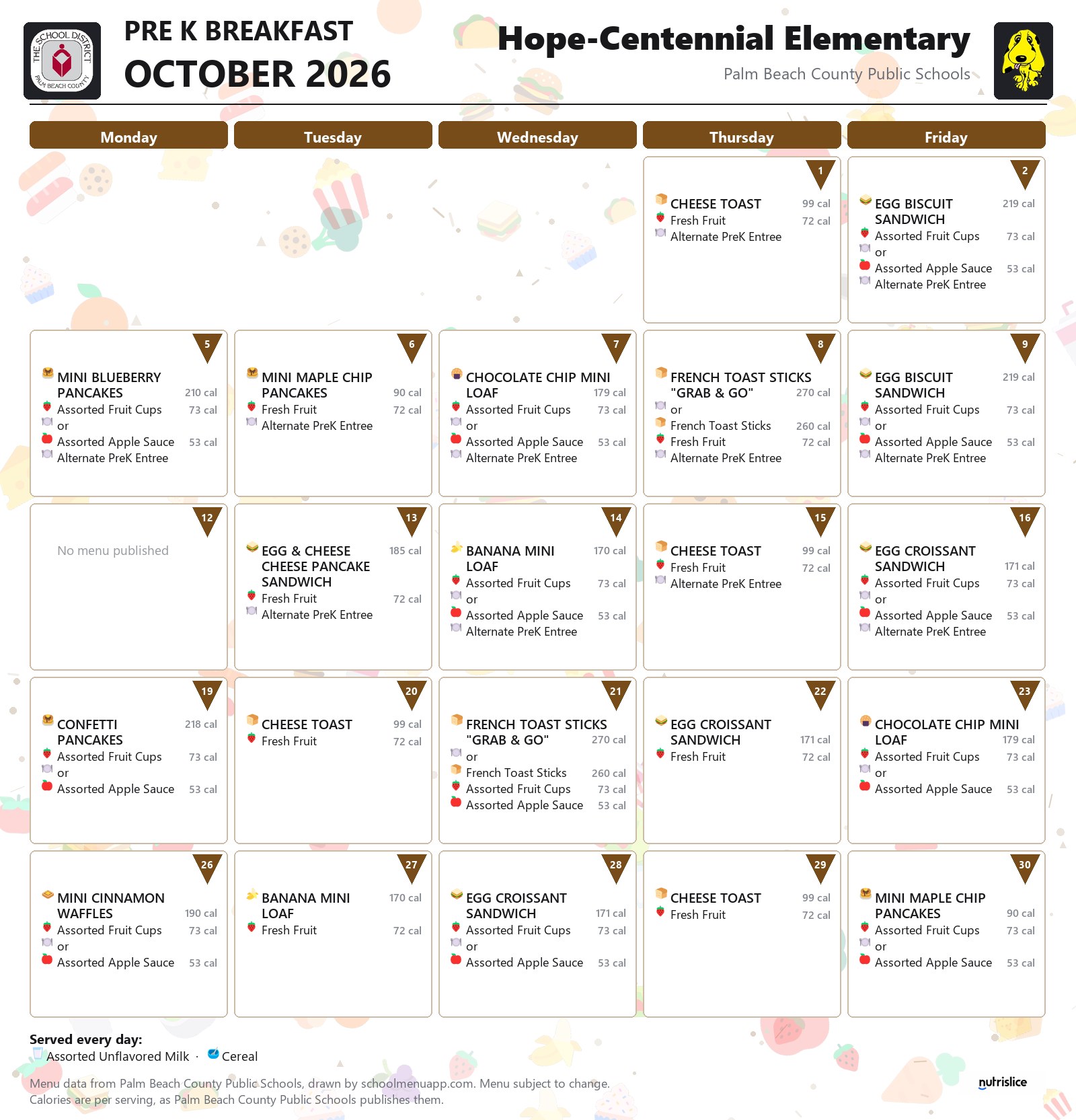 Hope-Centennial Elementary pre k breakfast menu for October 2026, Palm Beach County Public Schools