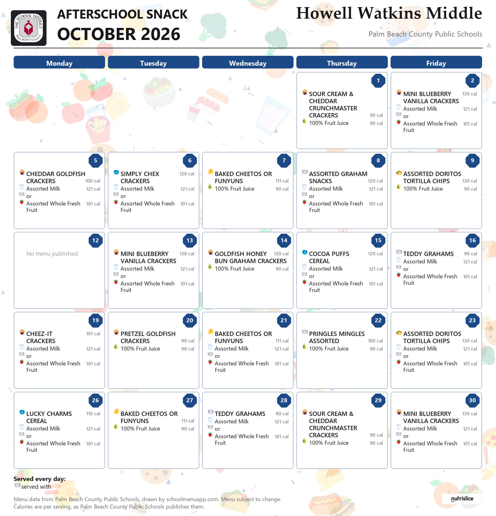 Howell Watkins Middle afterschool snack menu for October 2026, Palm Beach County Public Schools