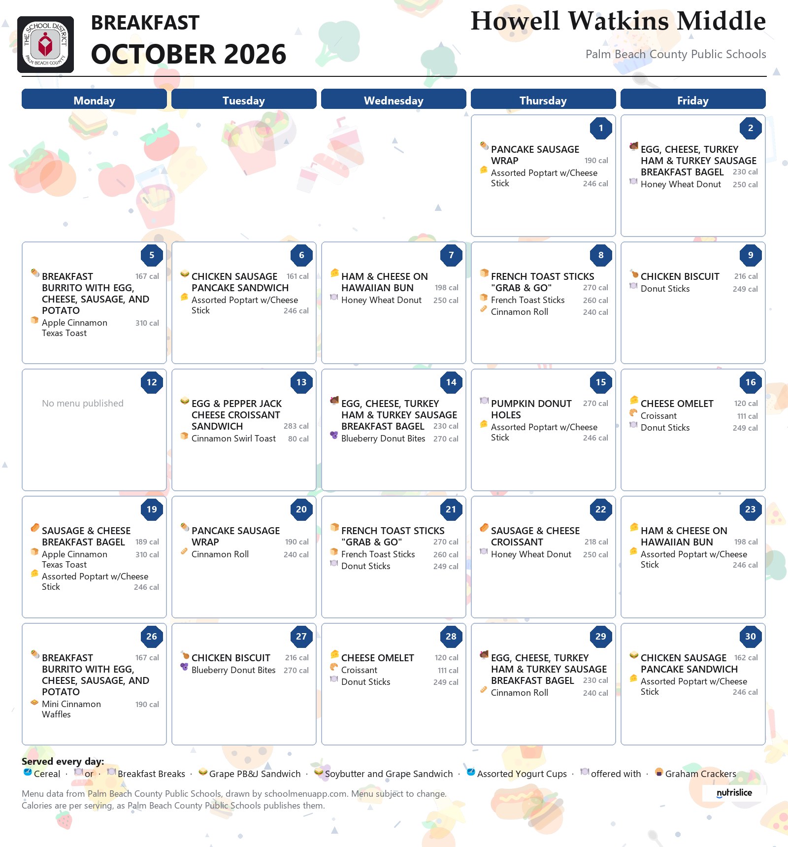Howell Watkins Middle breakfast menu for October 2026, Palm Beach County Public Schools