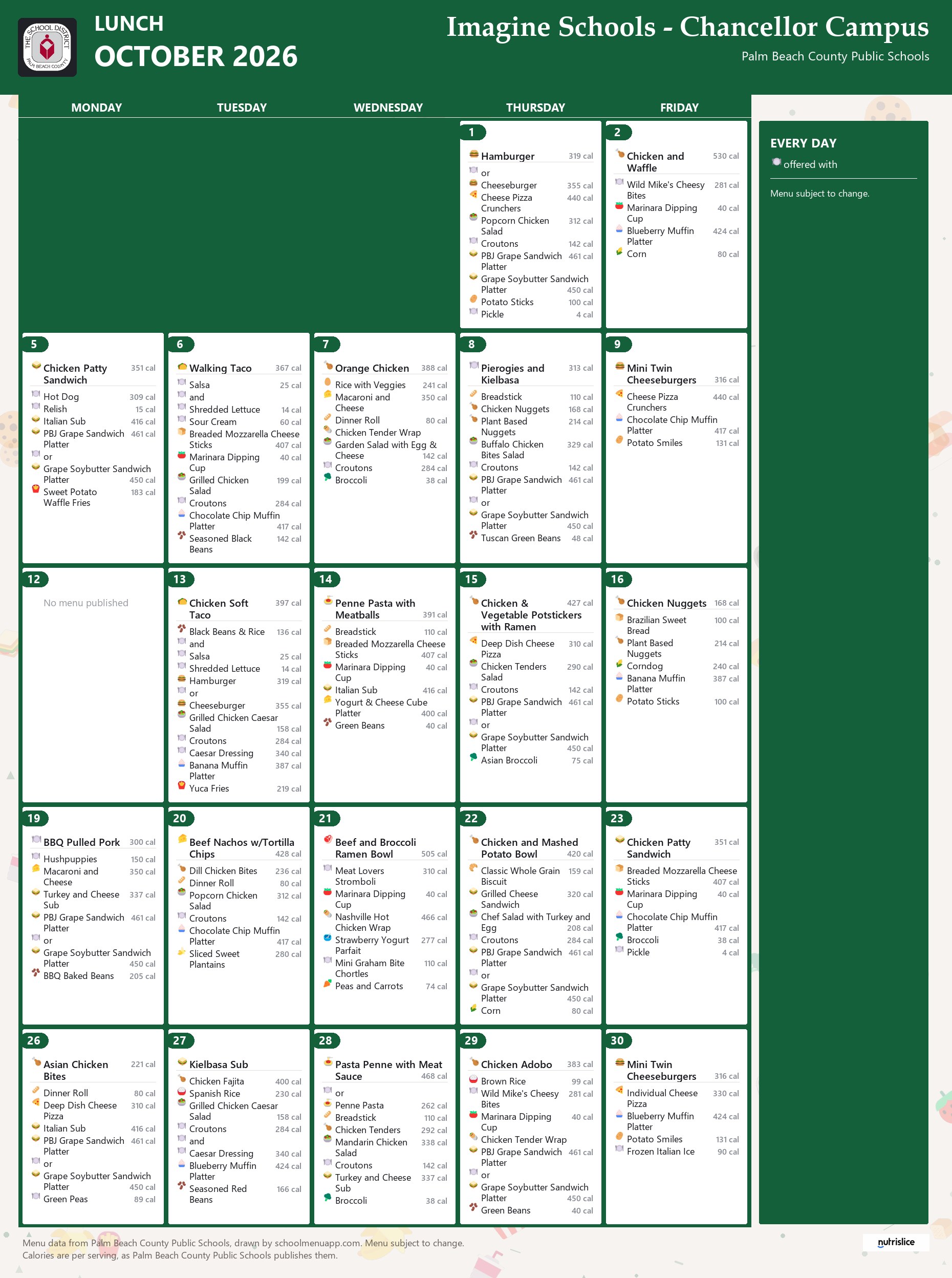 Imagine Schools - Chancellor Campus lunch menu for October 2026, Palm Beach County Public Schools