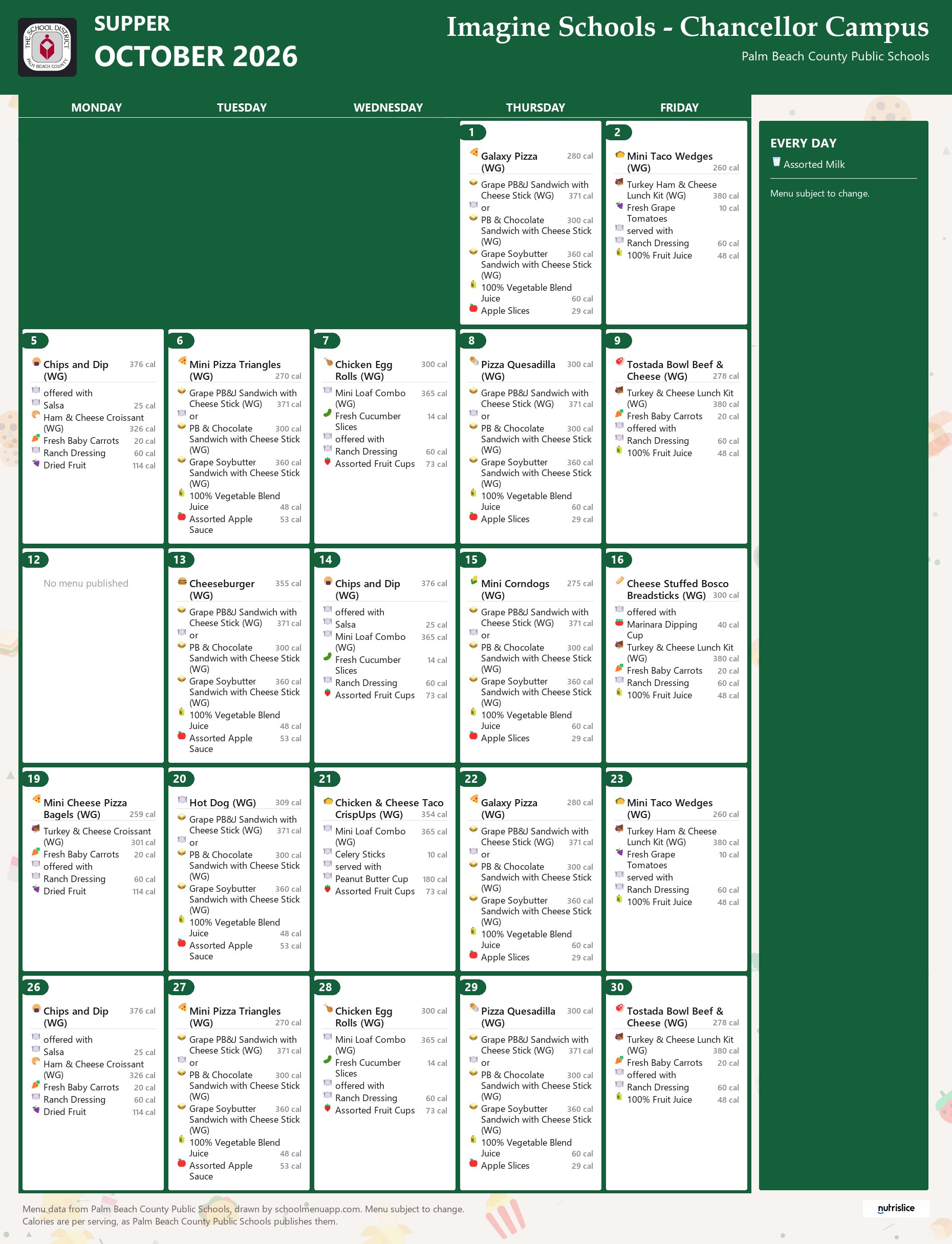 Imagine Schools - Chancellor Campus supper menu for October 2026, Palm Beach County Public Schools