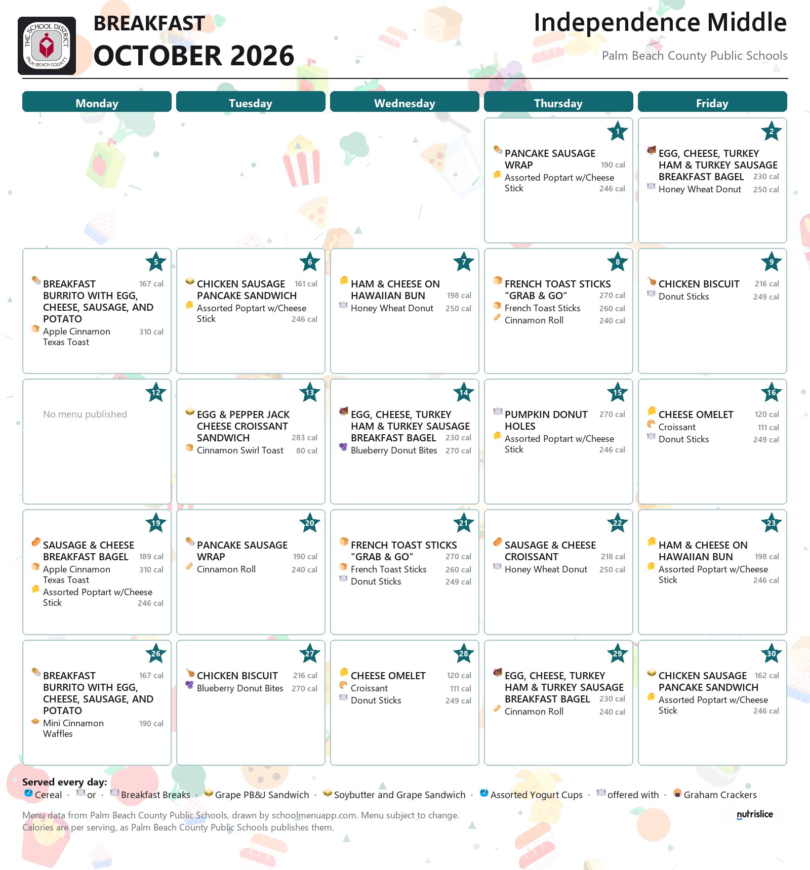 Independence Middle breakfast menu for October 2026, Palm Beach County Public Schools