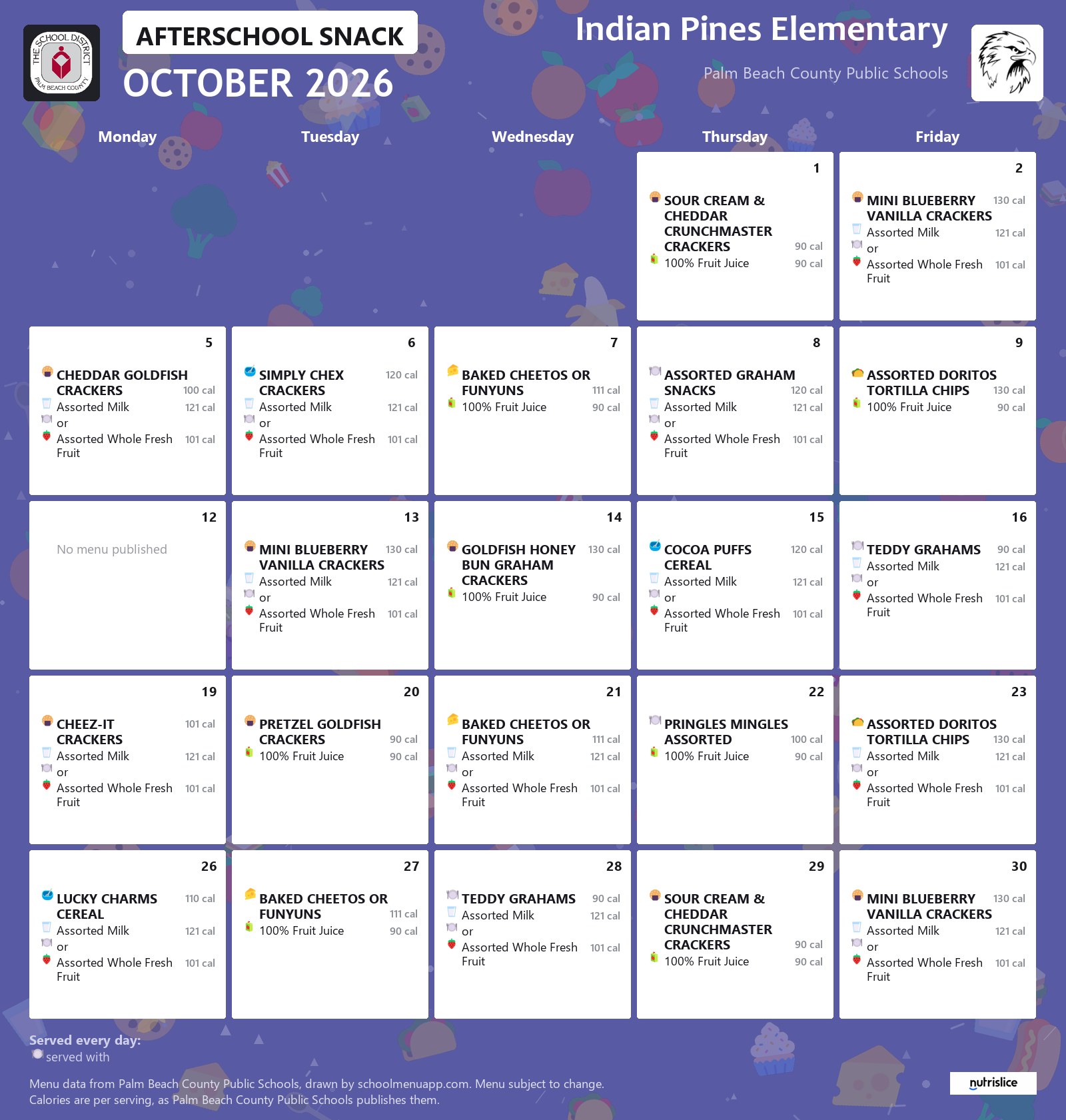 Indian Pines Elementary afterschool snack menu for October 2026, Palm Beach County Public Schools