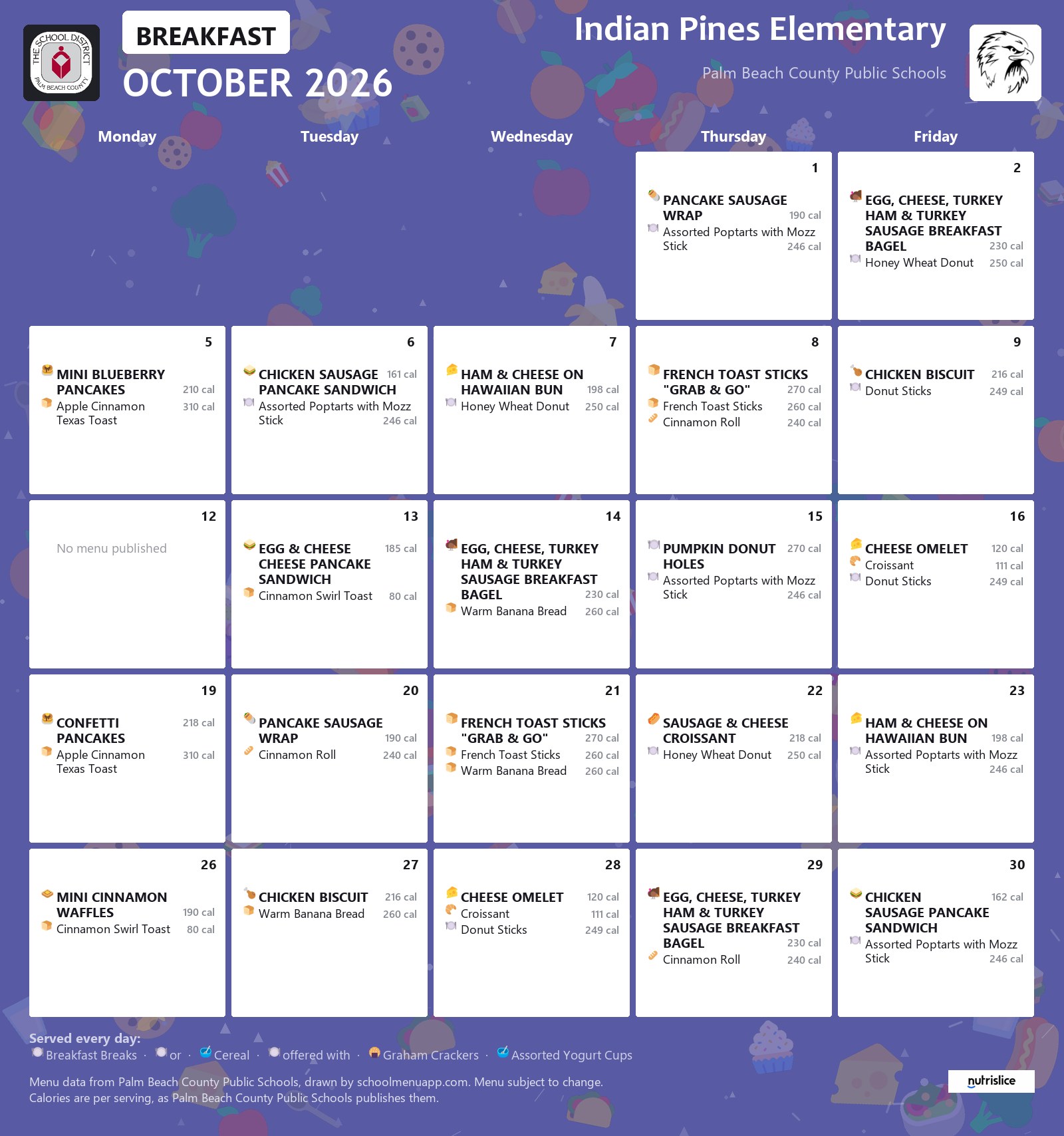 Indian Pines Elementary breakfast menu for October 2026, Palm Beach County Public Schools