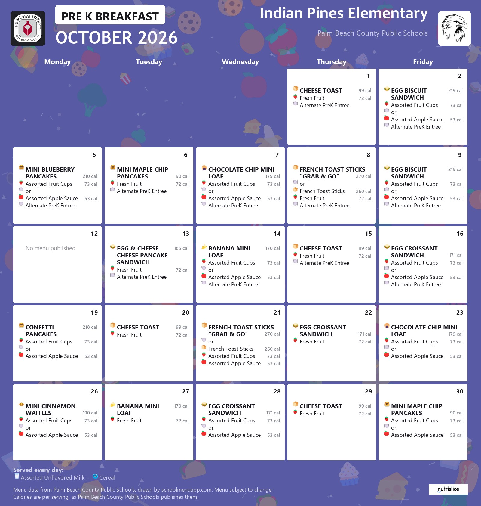 Indian Pines Elementary pre k breakfast menu for October 2026, Palm Beach County Public Schools