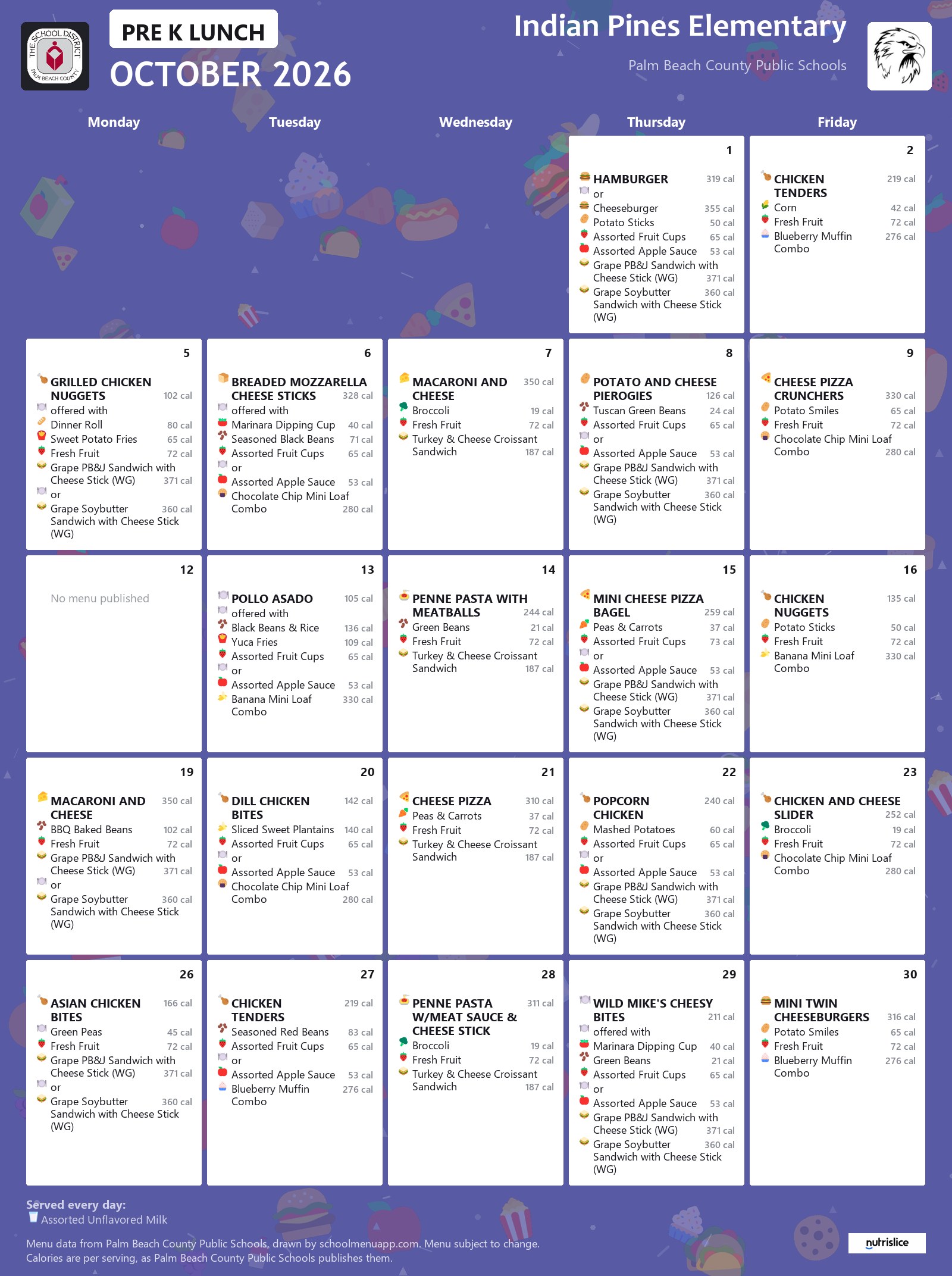 Indian Pines Elementary pre k lunch menu for October 2026, Palm Beach County Public Schools