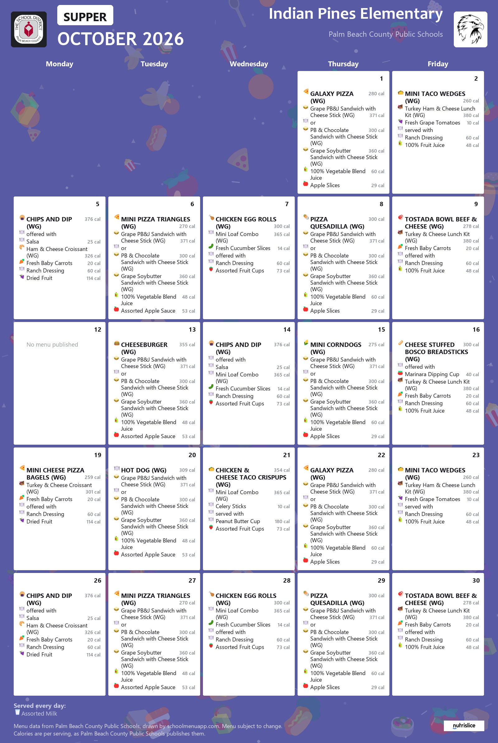 Indian Pines Elementary supper menu for October 2026, Palm Beach County Public Schools