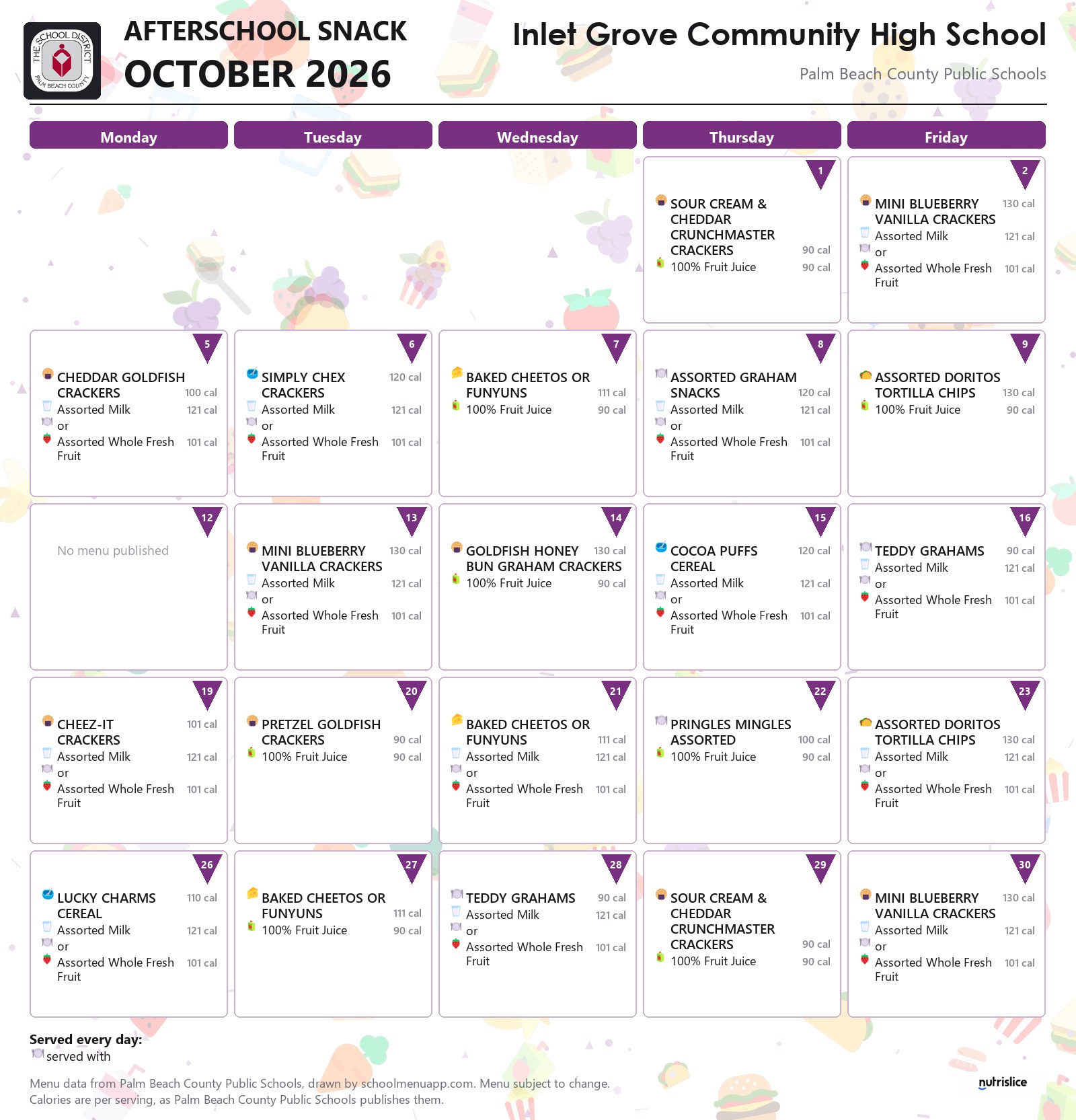 Inlet Grove Community High School afterschool snack menu for October 2026, Palm Beach County Public Schools