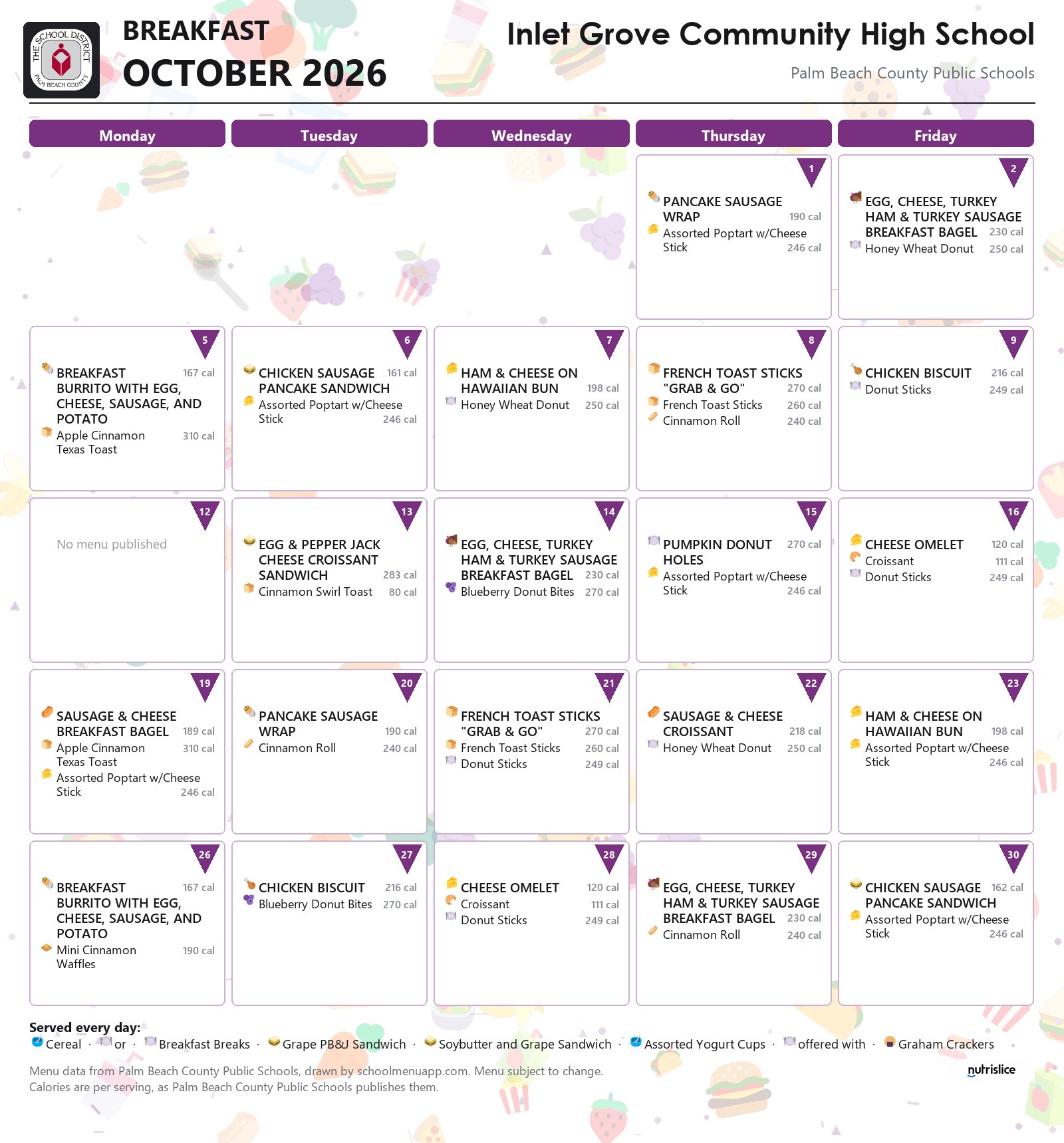 Inlet Grove Community High School breakfast menu for October 2026, Palm Beach County Public Schools