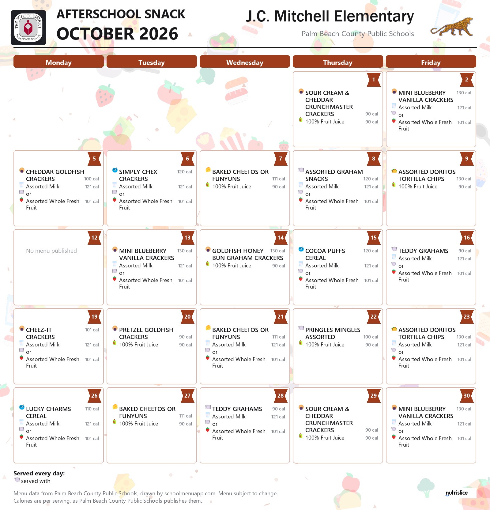 J.C. Mitchell Elementary afterschool snack menu for October 2026, Palm Beach County Public Schools