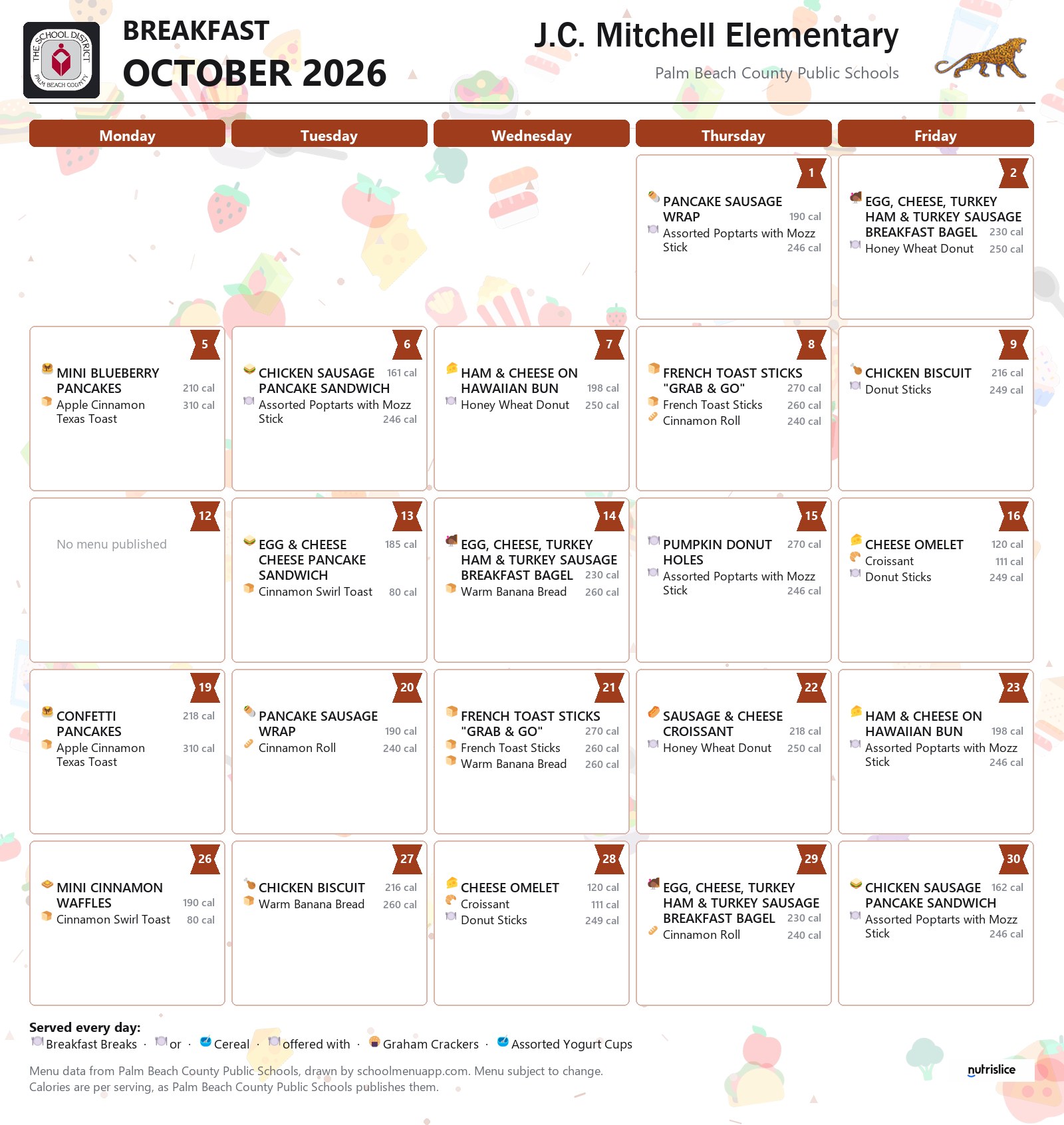 J.C. Mitchell Elementary breakfast menu for October 2026, Palm Beach County Public Schools