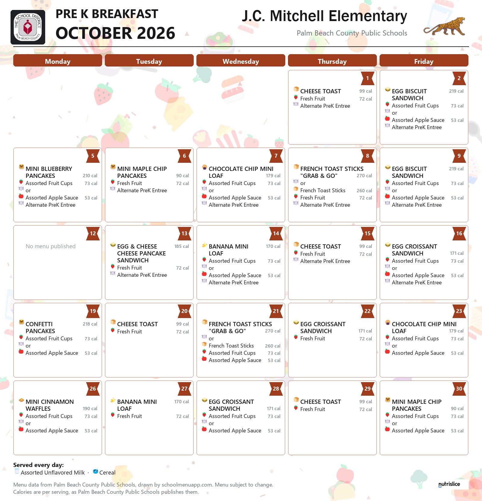 J.C. Mitchell Elementary pre k breakfast menu for October 2026, Palm Beach County Public Schools