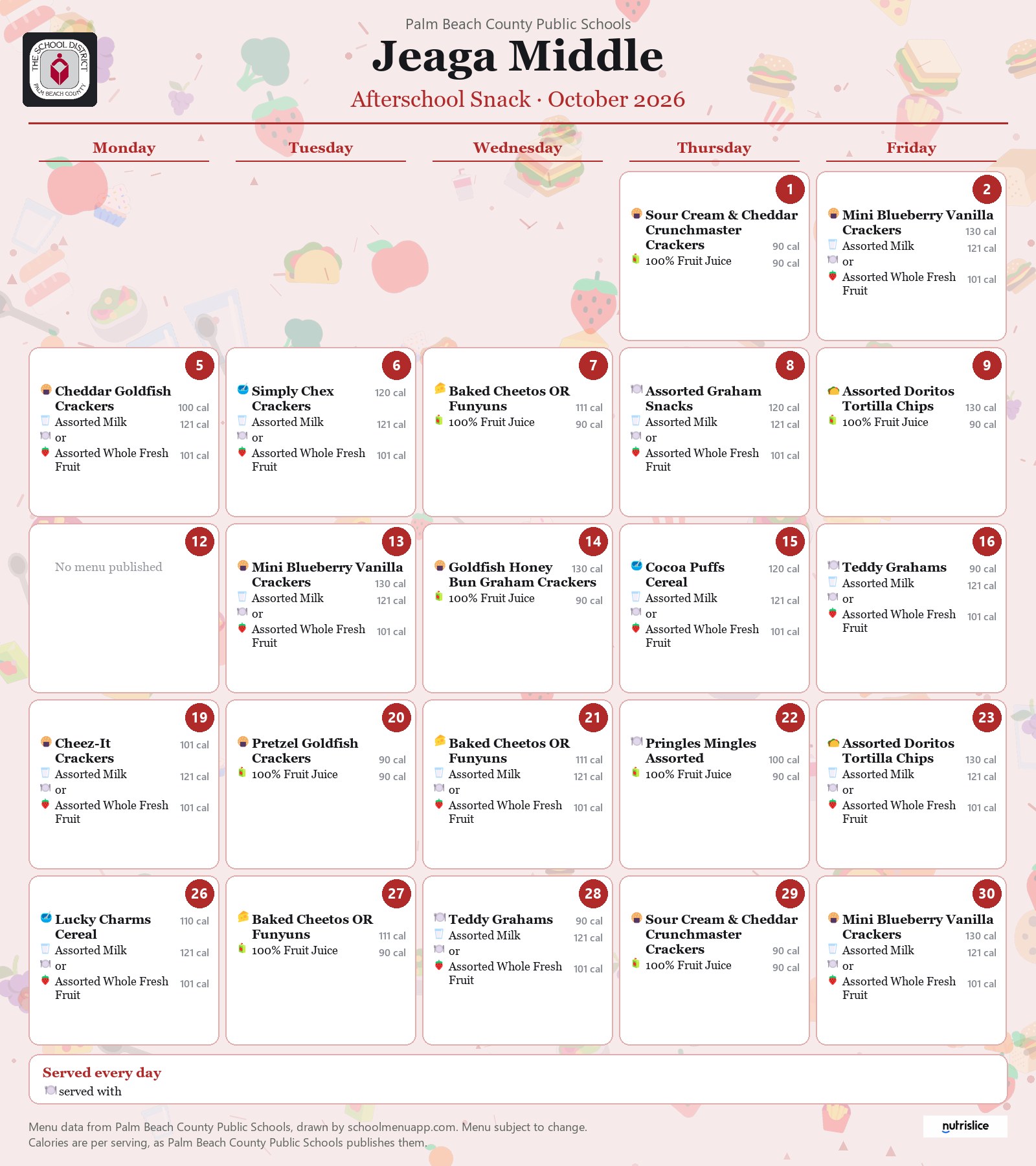 Jeaga Middle afterschool snack menu for October 2026, Palm Beach County Public Schools