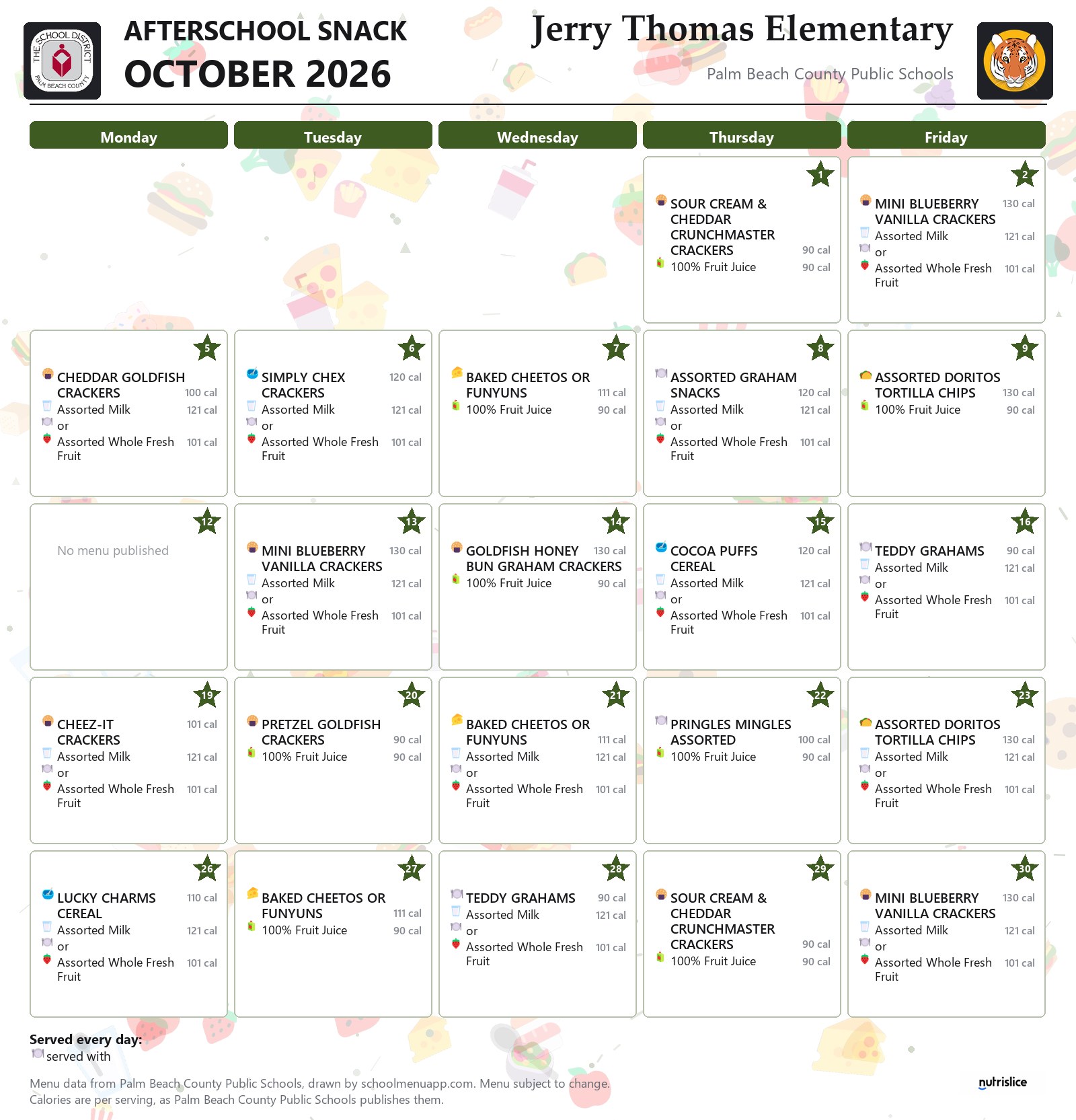 Jerry Thomas Elementary afterschool snack menu for October 2026, Palm Beach County Public Schools