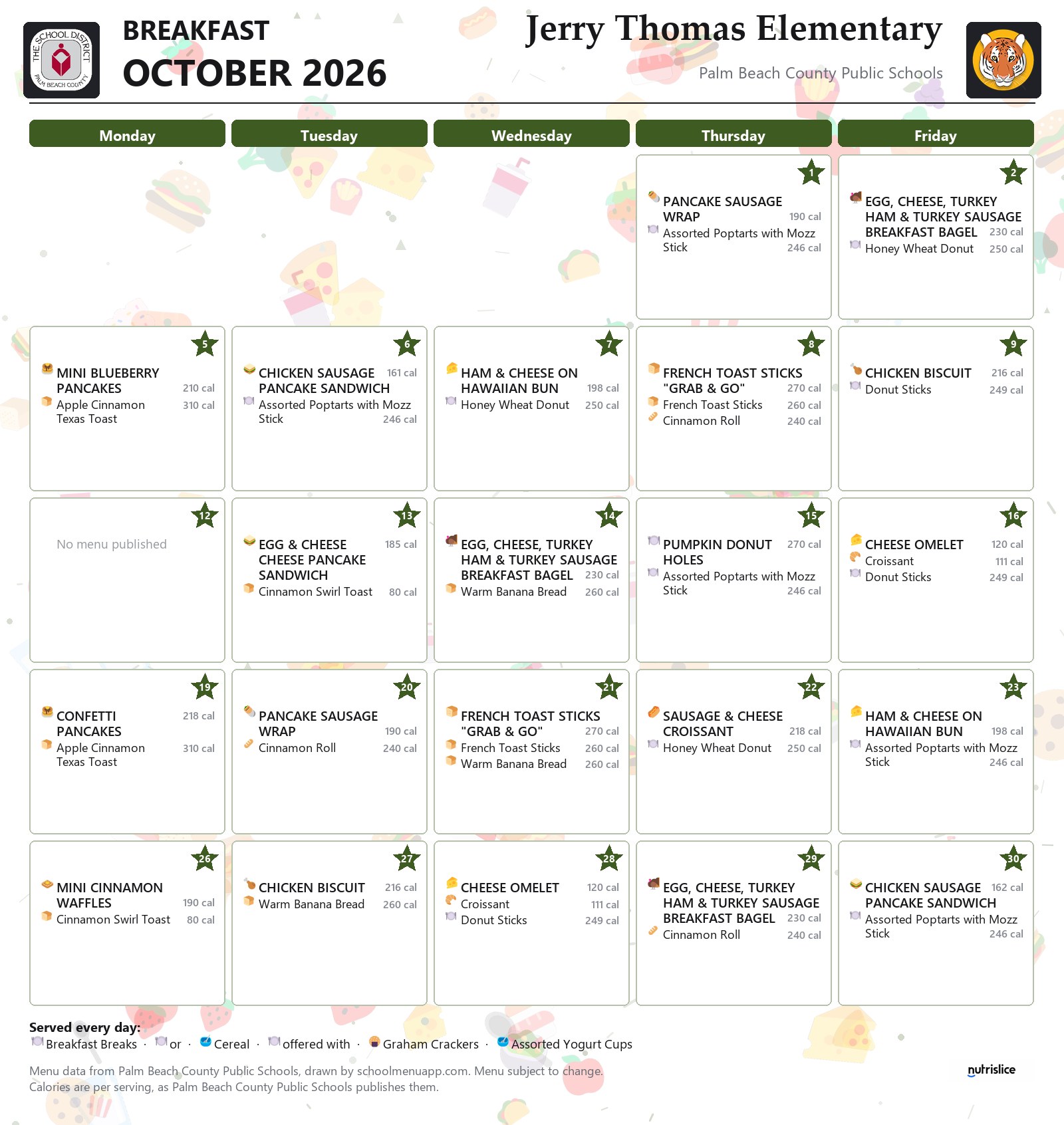 Jerry Thomas Elementary breakfast menu for October 2026, Palm Beach County Public Schools