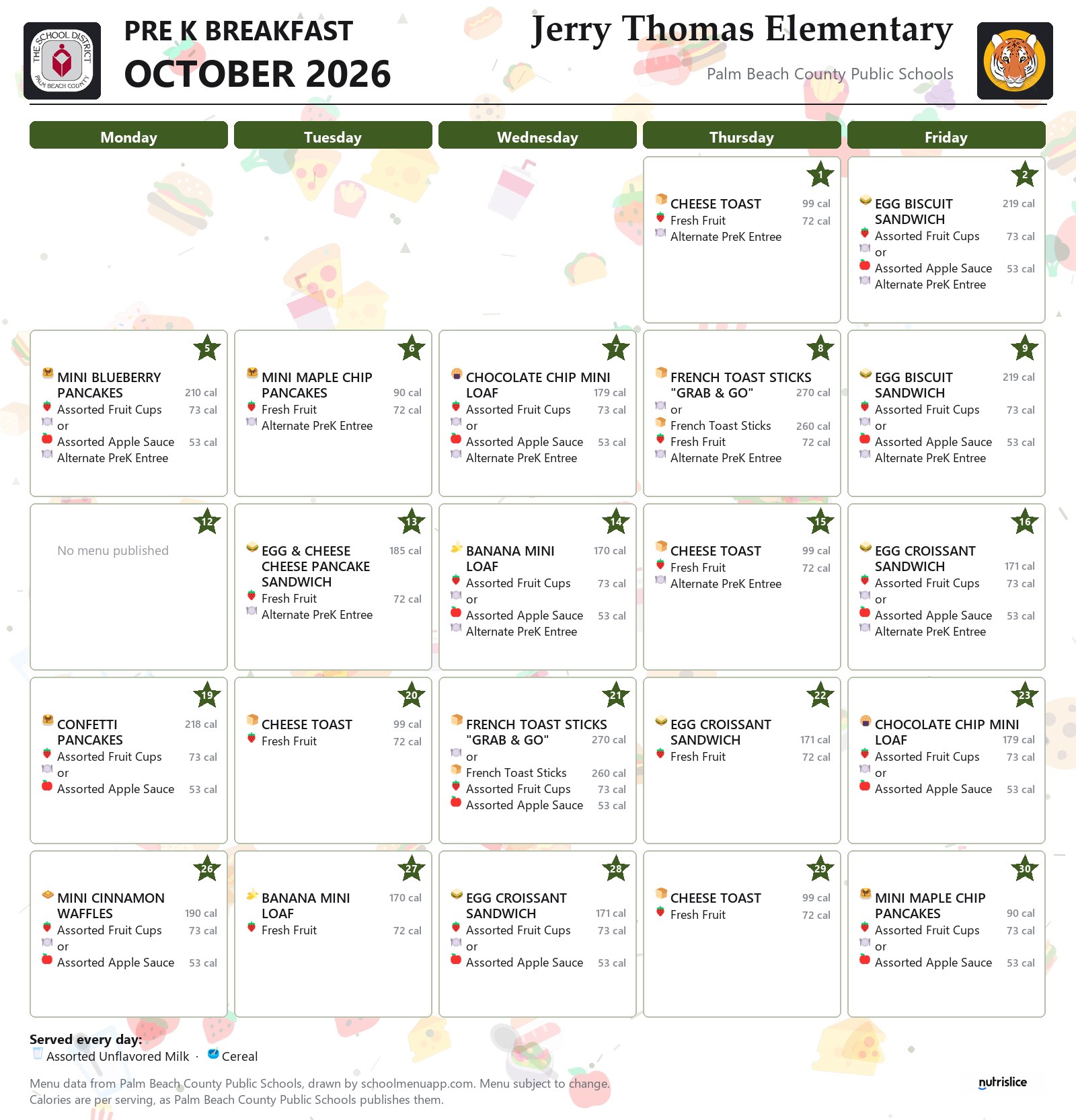Jerry Thomas Elementary pre k breakfast menu for October 2026, Palm Beach County Public Schools