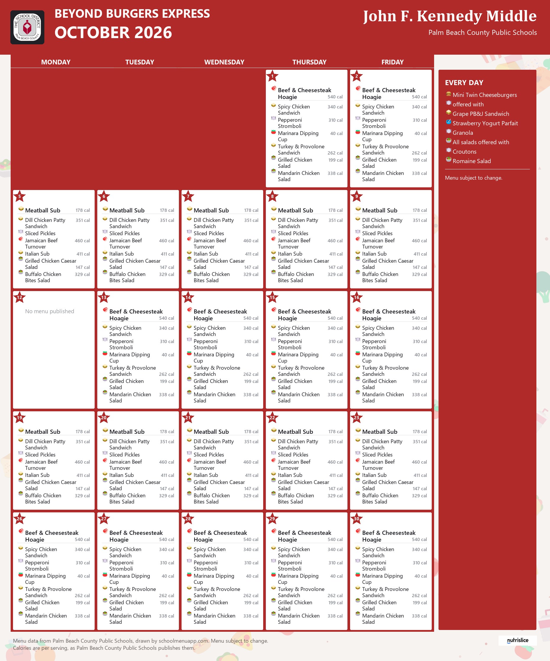 John F. Kennedy Middle beyond burgers express menu for October 2026, Palm Beach County Public Schools