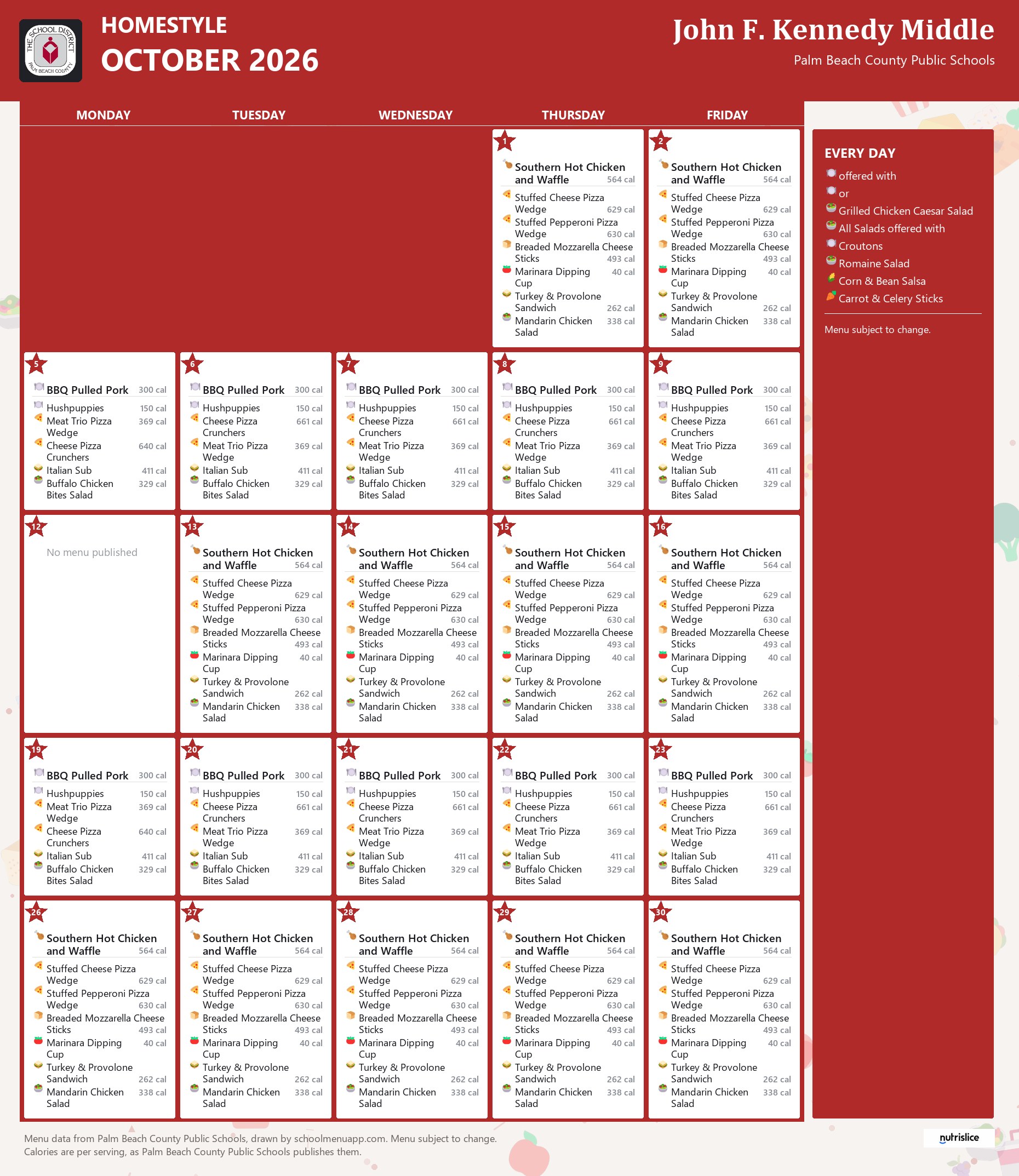 John F. Kennedy Middle homestyle menu for October 2026, Palm Beach County Public Schools