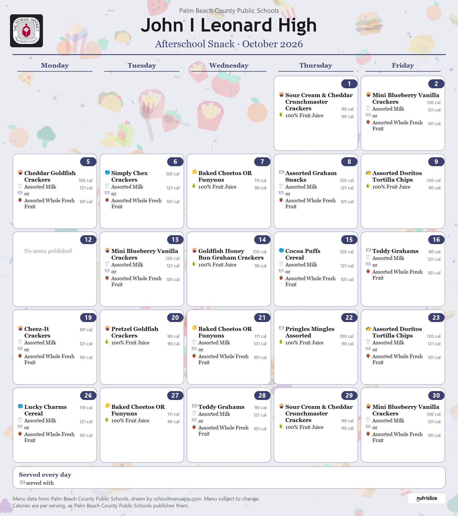 John I Leonard High afterschool snack menu for October 2026, Palm Beach County Public Schools