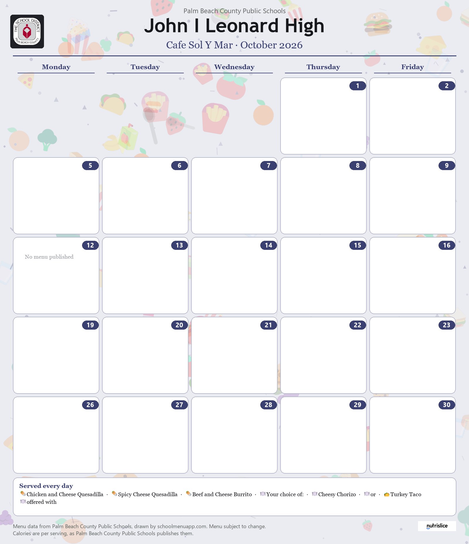 John I Leonard High cafe sol y mar menu for October 2026, Palm Beach County Public Schools