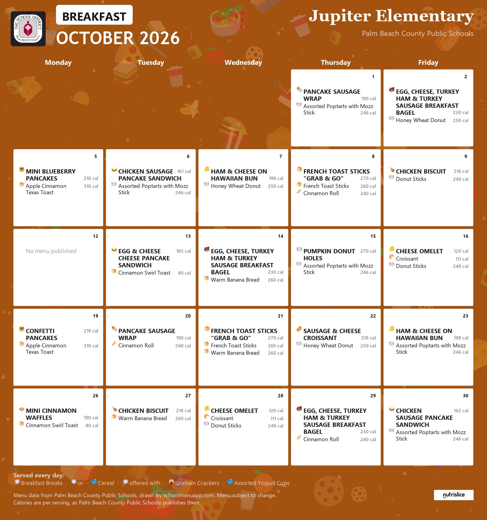 Jupiter Elementary breakfast menu for October 2026, Palm Beach County Public Schools