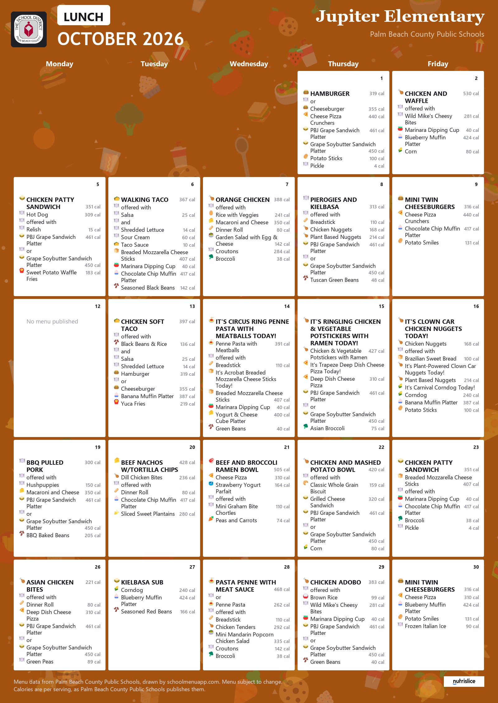 Jupiter Elementary lunch menu for October 2026, Palm Beach County Public Schools