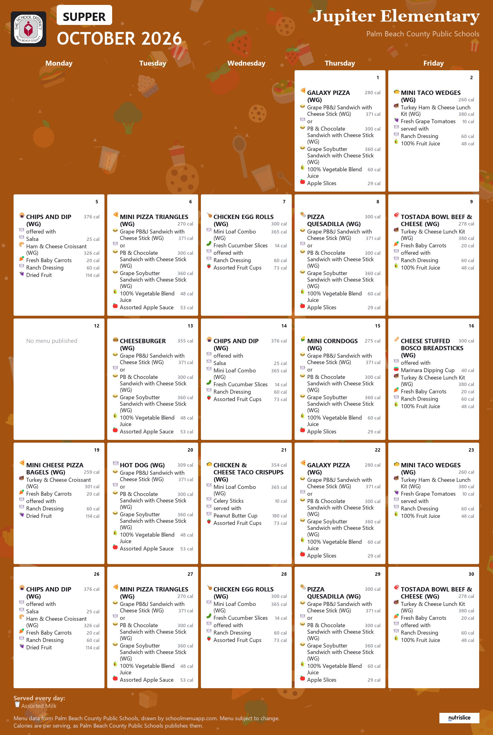 Jupiter Elementary supper menu for October 2026, Palm Beach County Public Schools